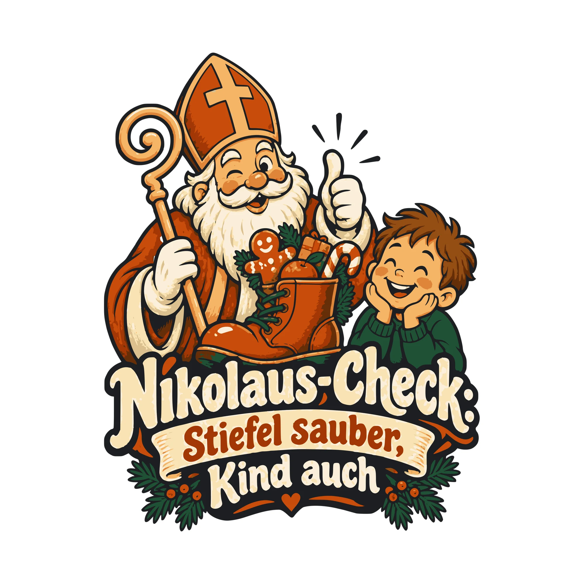 Bügelbild Nikolaus-Check: Stiefel sauber, Kind auch als Grafik auf weißem Hintergrund (BB011179)