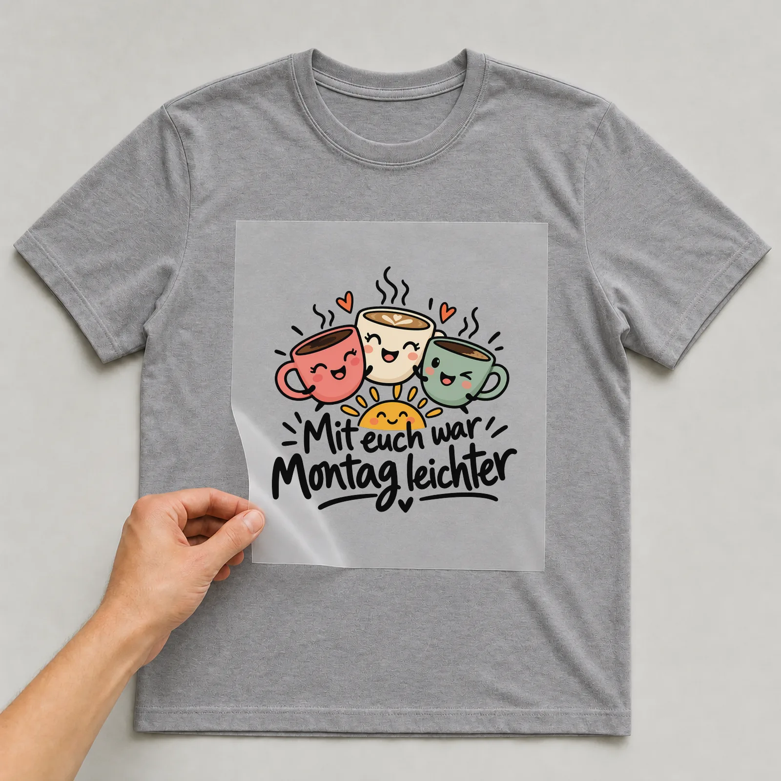 Bügelbild „Mit euch war Montag leichter“ auf grauem T-Shirt, Folie wird aufgelegt