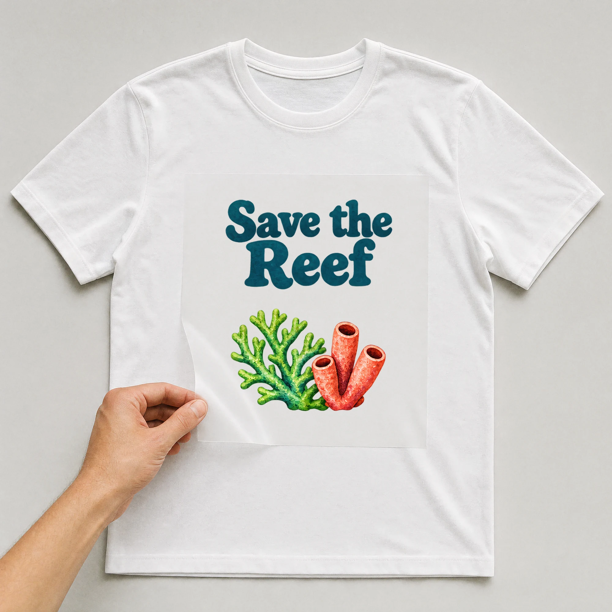 Bügelbild „Save the Reef“ auf weißem T-Shirt, Folie wird aufgelegt