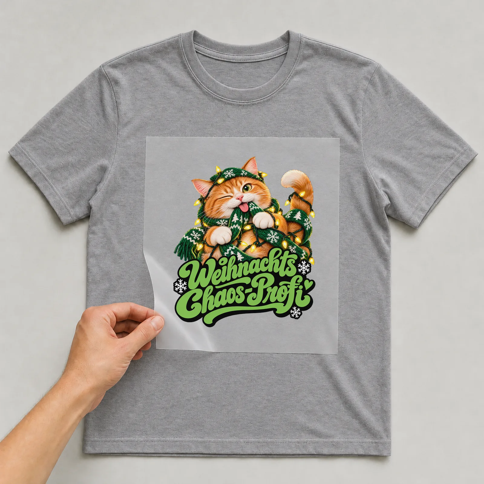 Bügelbild „Weihnachts Chaos-Profi“ auf grauem T-Shirt, Folie wird aufgelegt