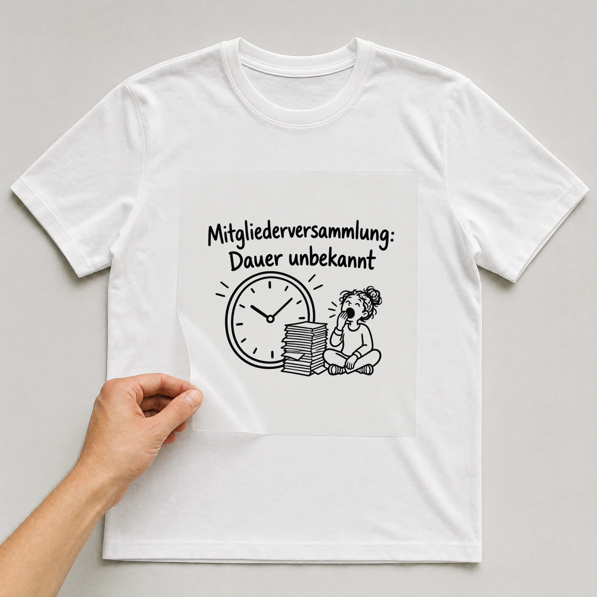 Bügelbild „Mitgliederversammlung: Dauer unbekannt“ auf weißem T-Shirt, Folie wird aufgelegt