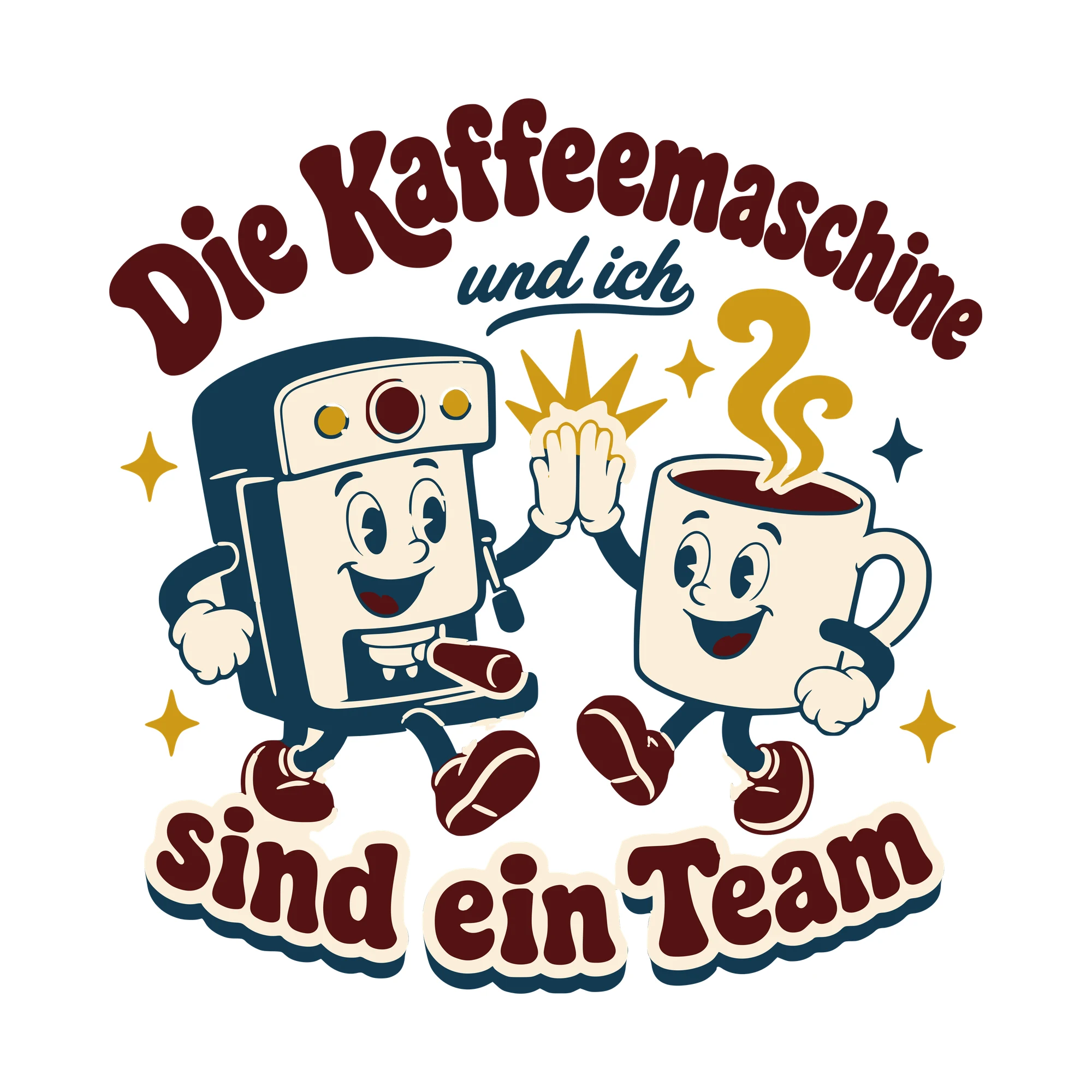 Bügelbild Die Kaffeemaschine und ich sind ein Team als Grafik auf weißem Hintergrund (BB010375)