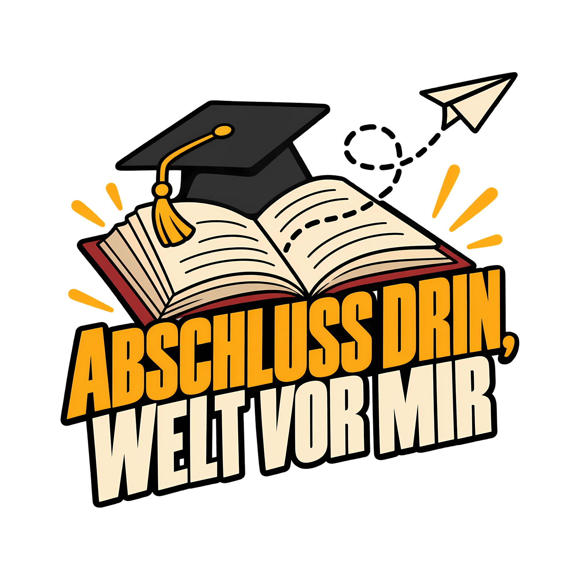 Bügelbild ABSCHLUSS DRIN, WELT VOR MIR als Grafik auf weißem Hintergrund (BB011465)