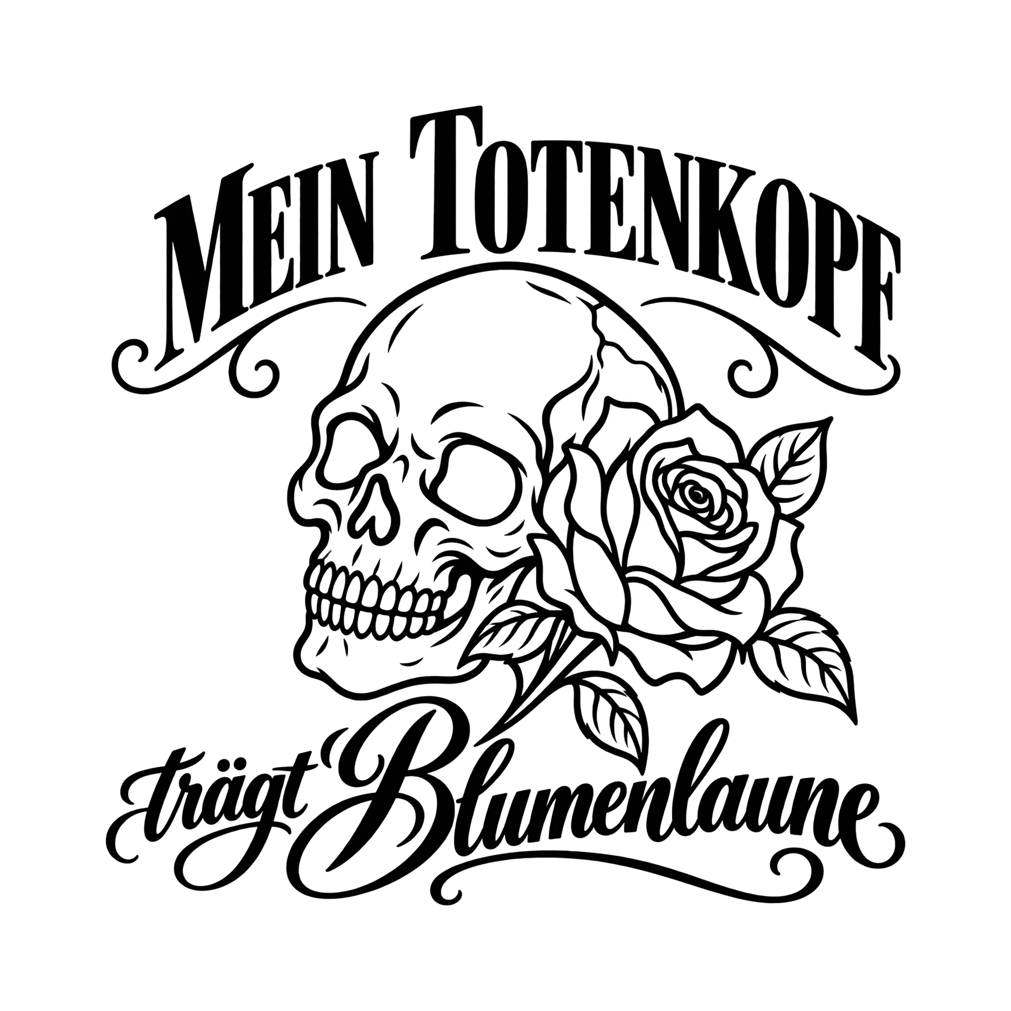 Bügelbild Mein Totenkopf trägt Blumenlaune als Grafik auf weißem Hintergrund (BB013284)