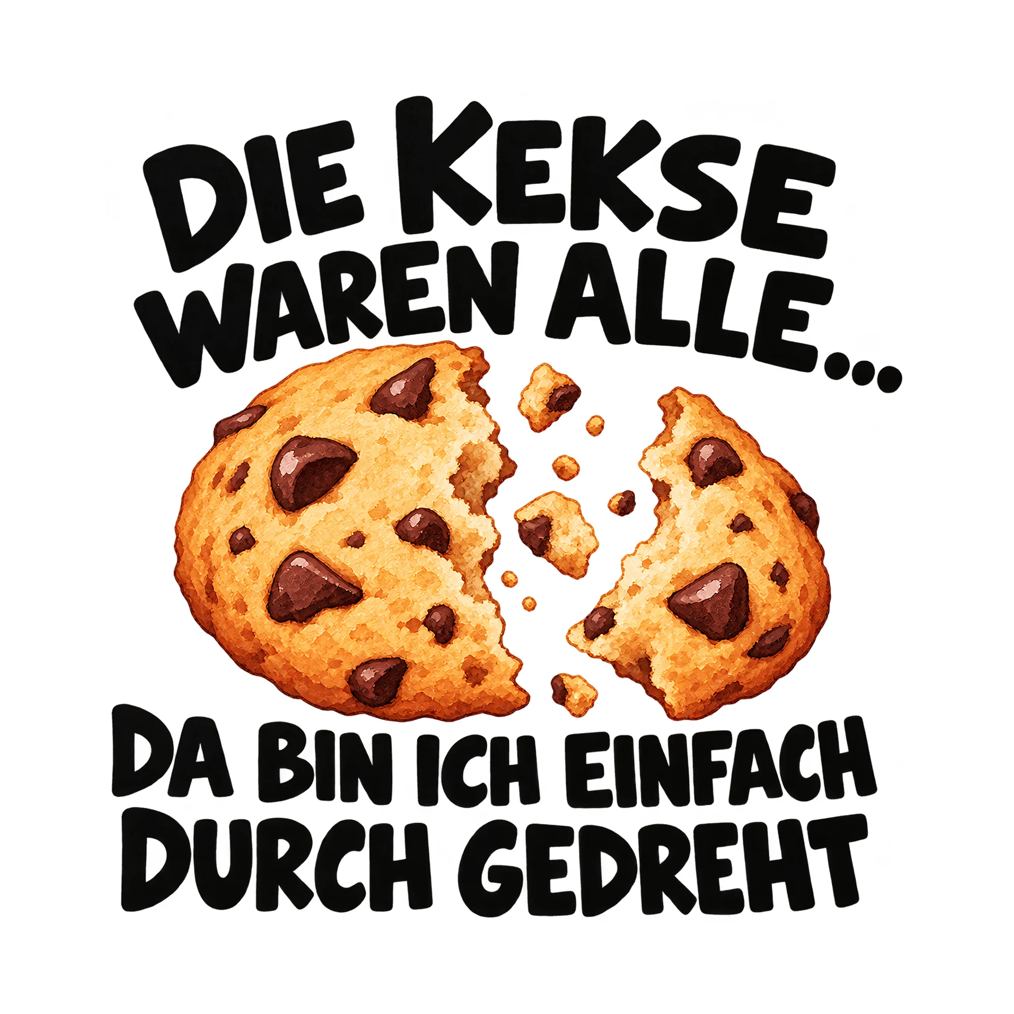 Bügelbild „Die Kekse waren alle... Da bin ich einfach durch gedreht“ als Grafik auf weißem Hintergrund (BB015081)