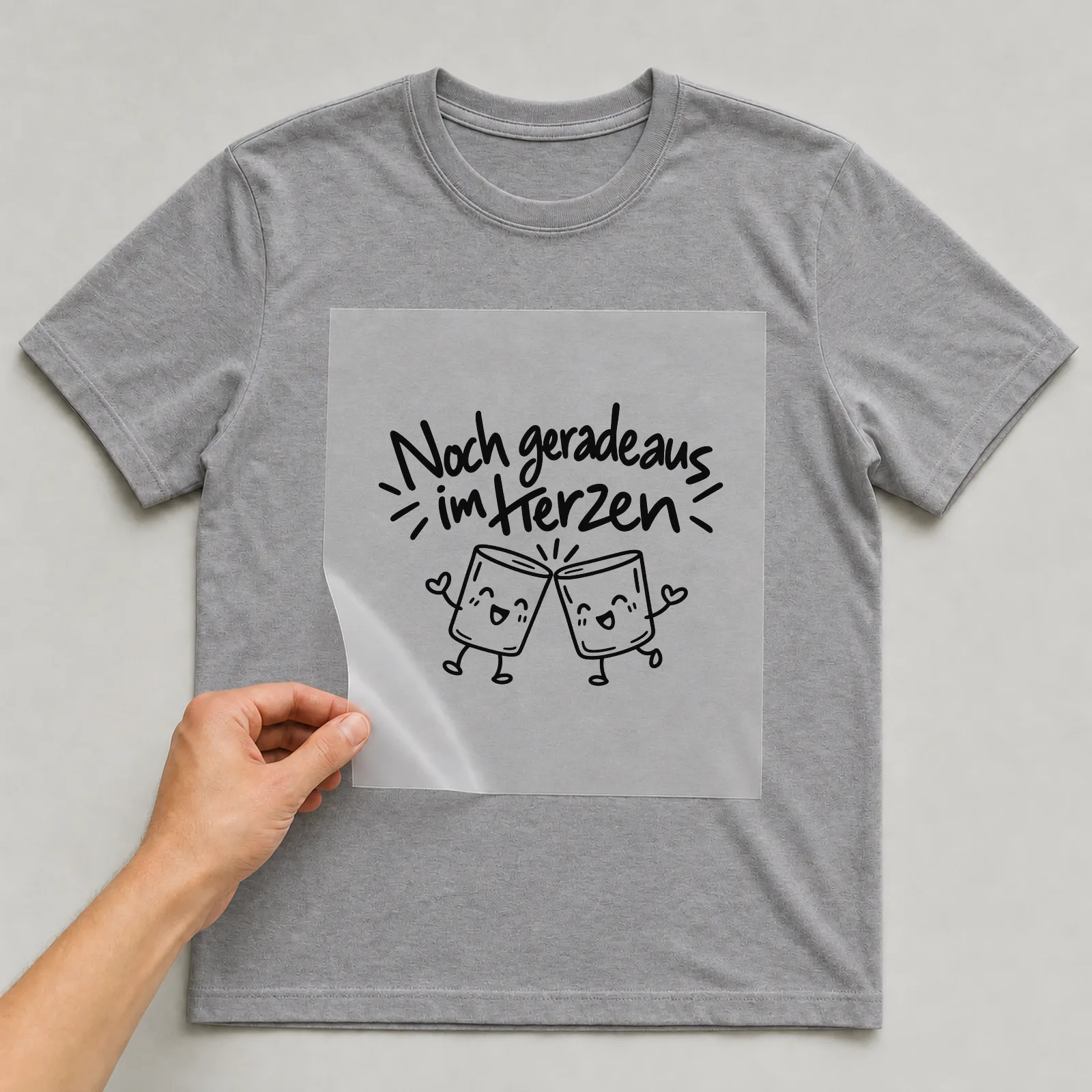 Bügelbild „Noch geradeaus im Herzen“ auf grauem T-Shirt, Folie wird aufgelegt