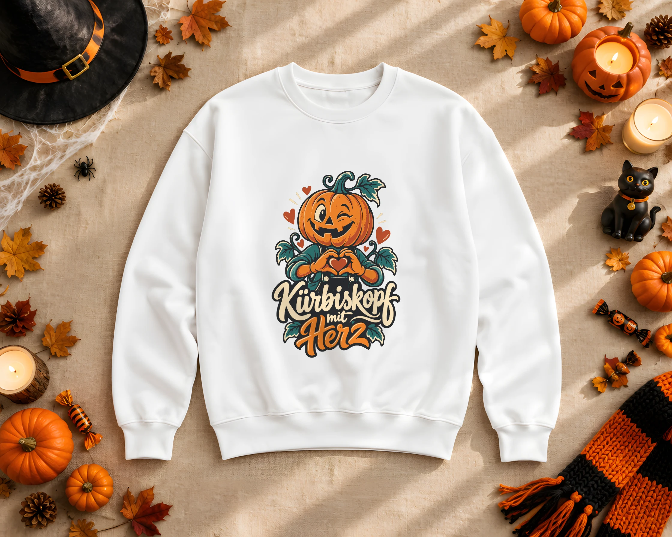 Weißes Sweatshirt mit Bügelbild Kürbiskopf mit Herz zwischen Halloween-Deko