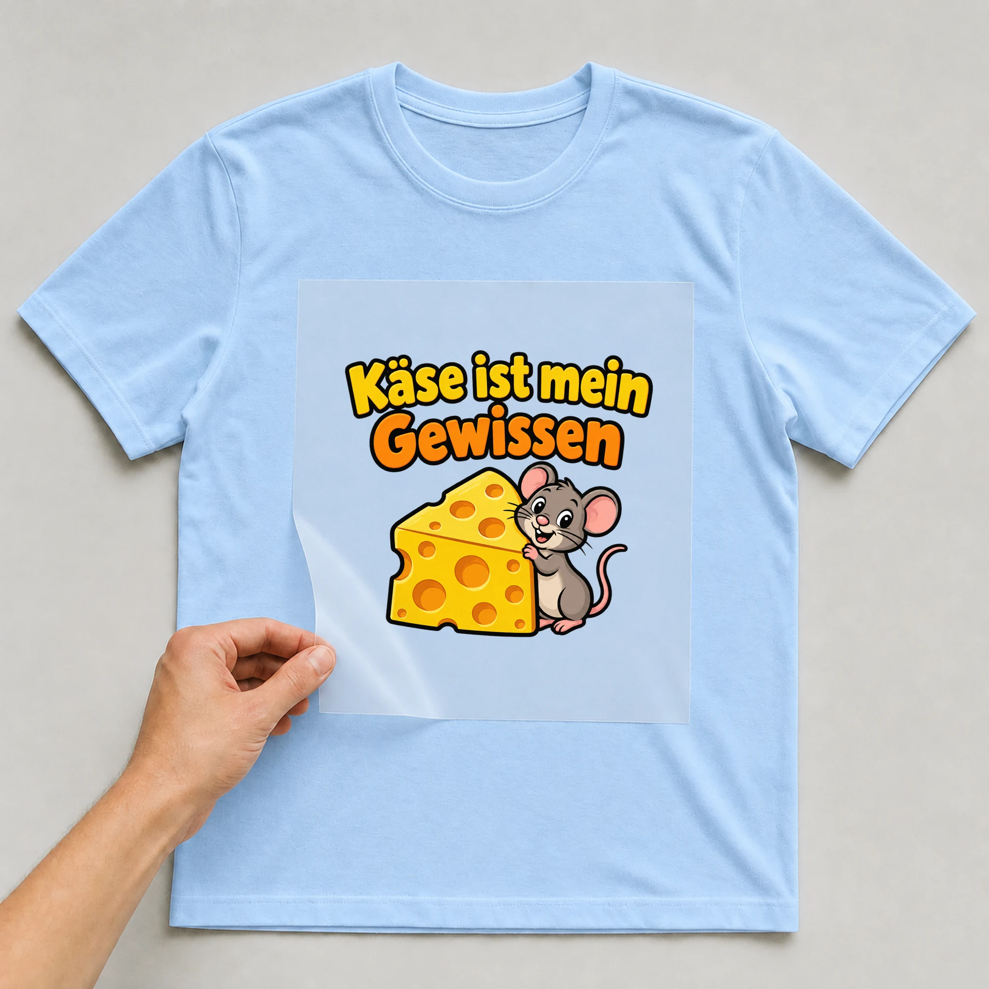 Bügelbild „Käse ist mein Gewissen“ auf babyblauem T-Shirt, Folie wird aufgelegt