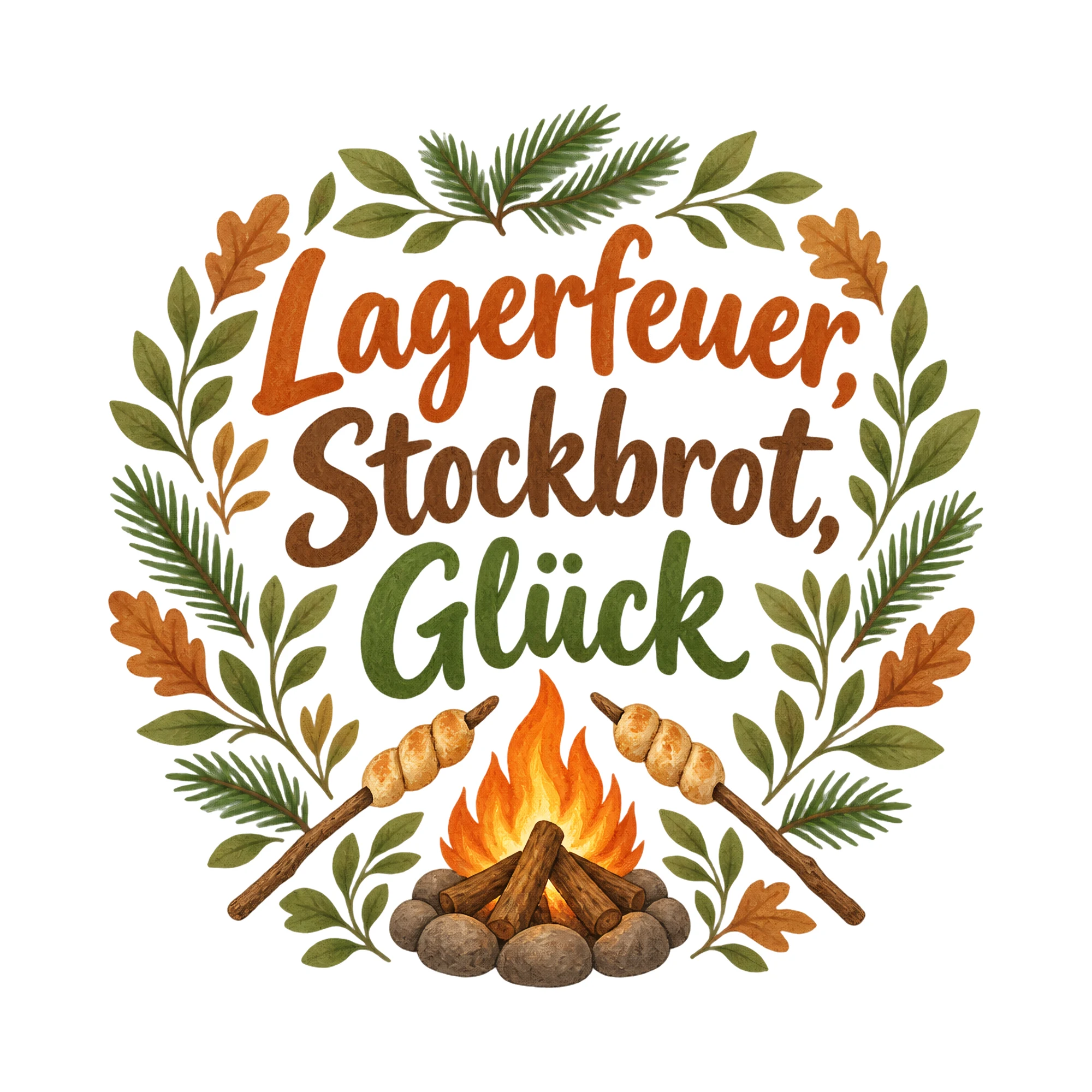 Bügelbild Lagerfeuer stockbrot glueck als Grafik auf weißem Hintergrund (BB016478)