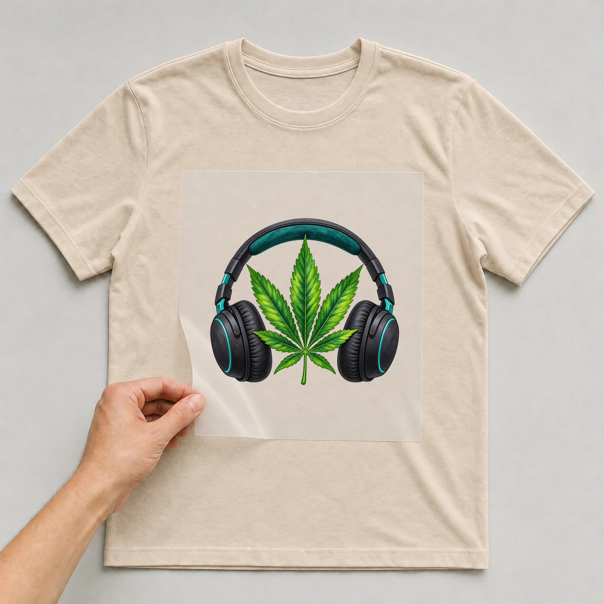 Bügelbild „Musik Und Weed“ auf babyblauem T-Shirt, Folie wird aufgelegt