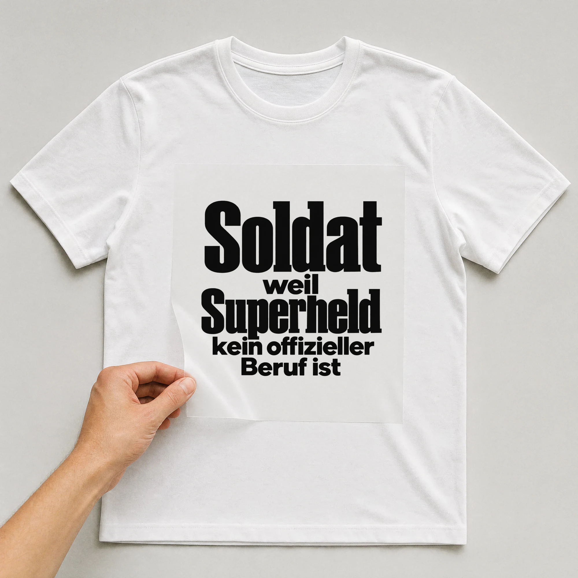 Bügelbild „Soldat weil Superheld kein offizieller Beruf ist“ auf weißem T-Shirt, Folie wird aufgelegt