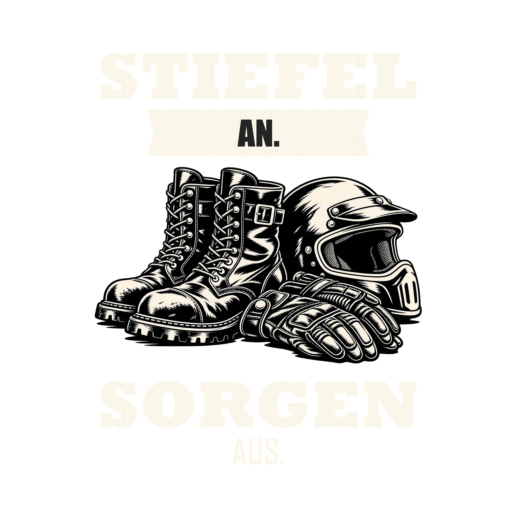 Bügelbild STIEFEL AN. SORGEN AUS. als Grafik auf weißem Hintergrund (BB012736)