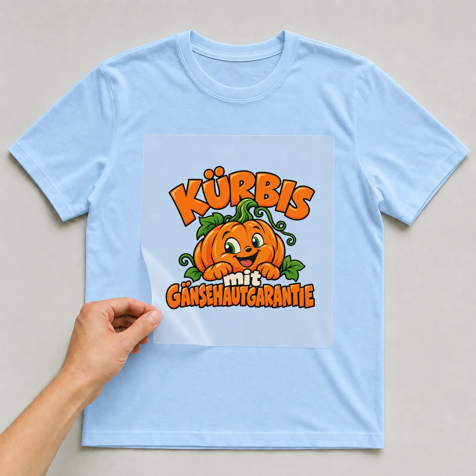 Bügelbild „Kürbis mit Gänsehautgarantie“ auf hellblauem T-Shirt, Folie wird aufgelegt