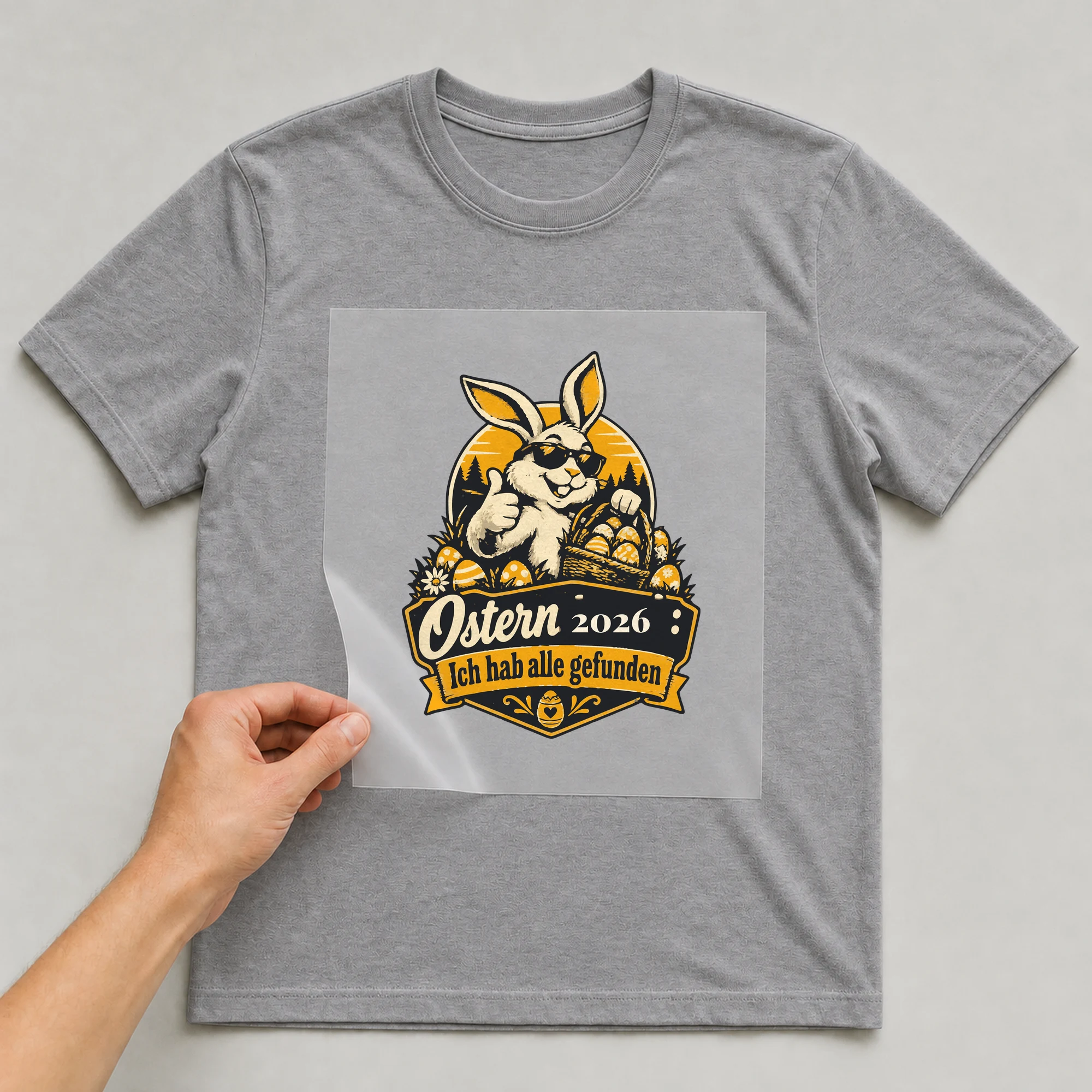 Bügelbild Ostern: Ich hab alle gefunden mit Jahr auf grauem T-Shirt, Folie wird aufgelegt