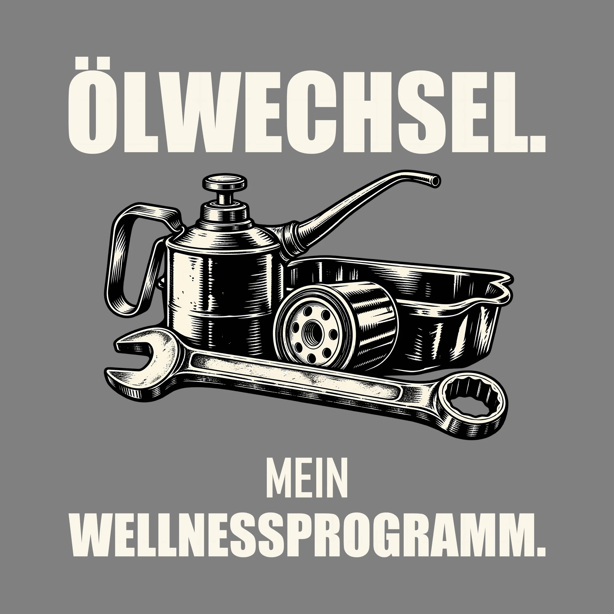 Bügelbild ÖLWECHSEL. MEIN WELLNESSPROGRAMM. als Grafik auf dunklem Hintergrund (BB012686)