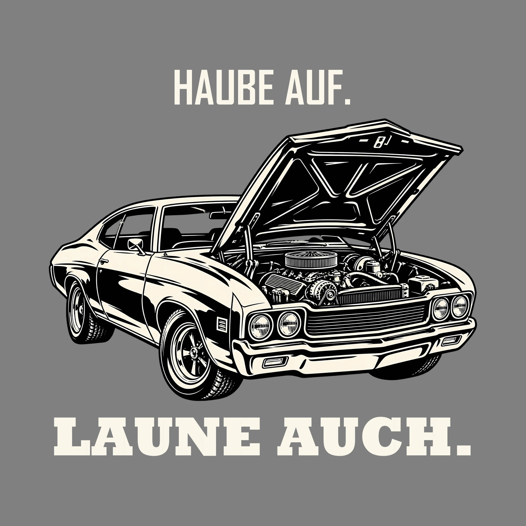 Bügelbild HAUBE AUF. LAUNE AUCH. als Grafik auf dunklem Hintergrund (BB012722)