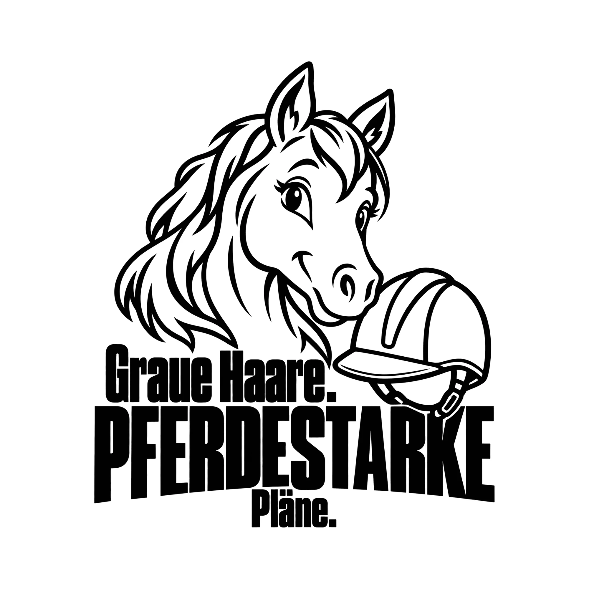 Bügelbild Graue Haare. Pferdestarke Pläne. als Grafik auf weißem Hintergrund (BB013057)