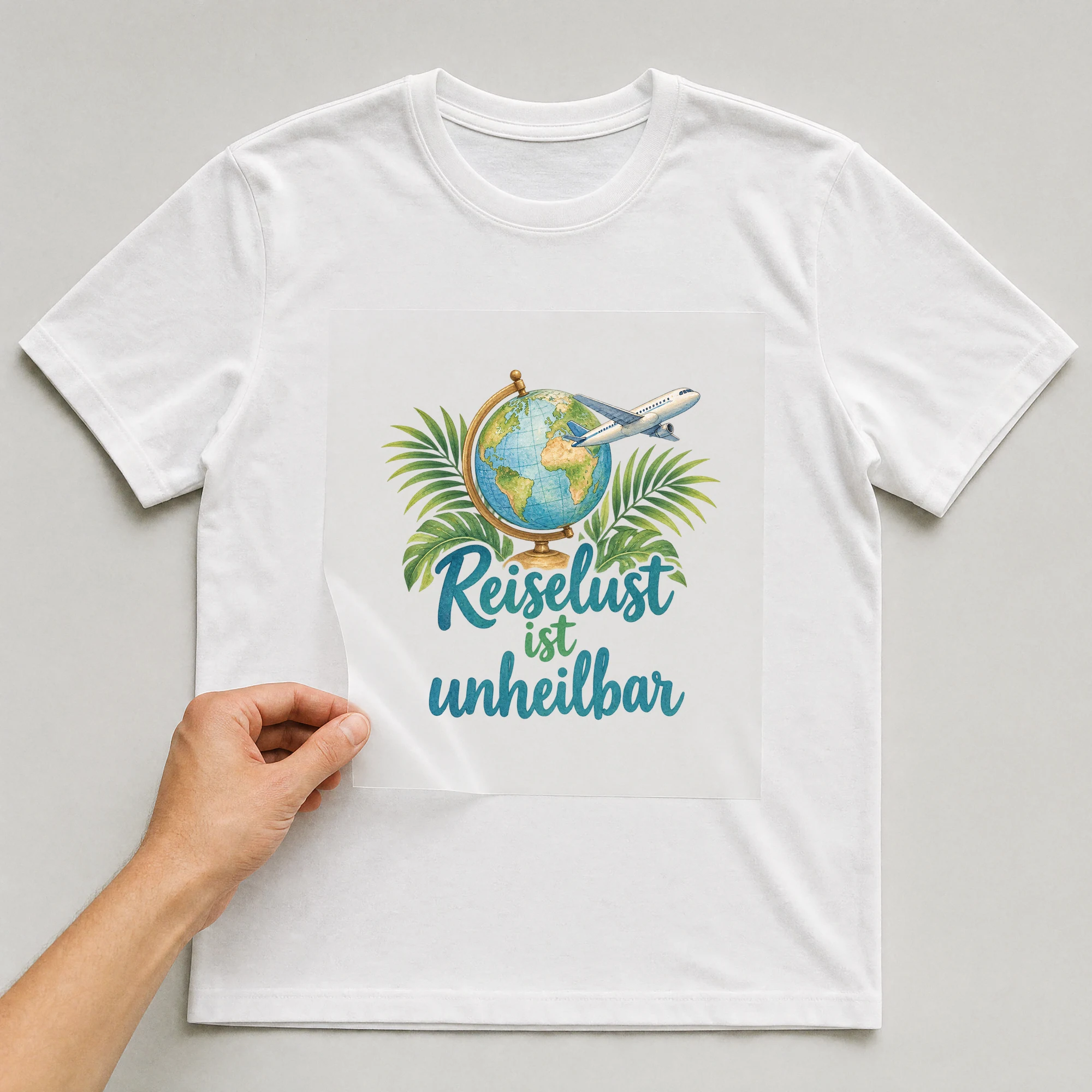 Bügelbild „Reiselust ist unheilbar“ auf weißem T-Shirt, Folie wird aufgelegt