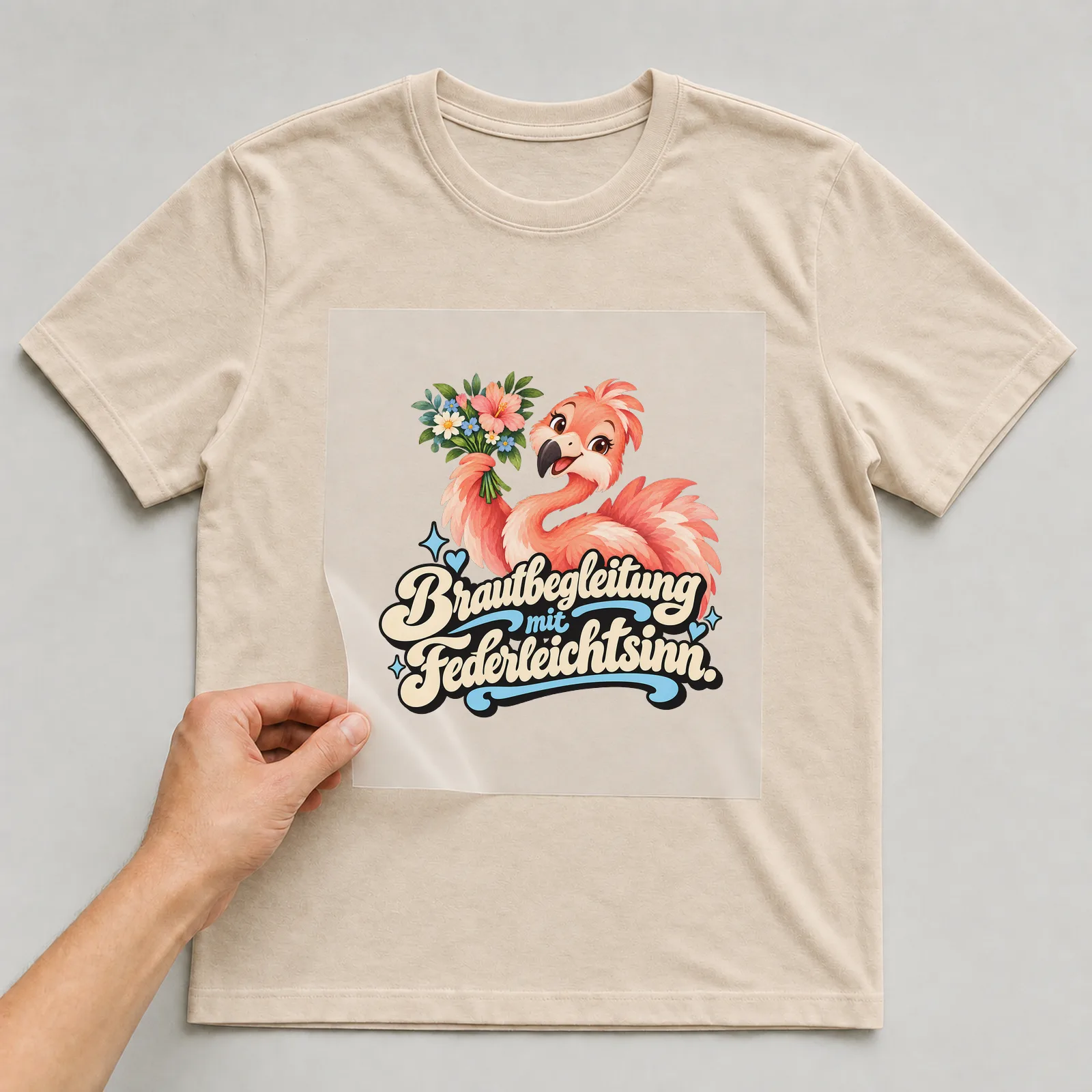 Bügelbild „Brautbegleitung mit Federleichtsinn“ auf beigem T-Shirt, Folie wird aufgelegt