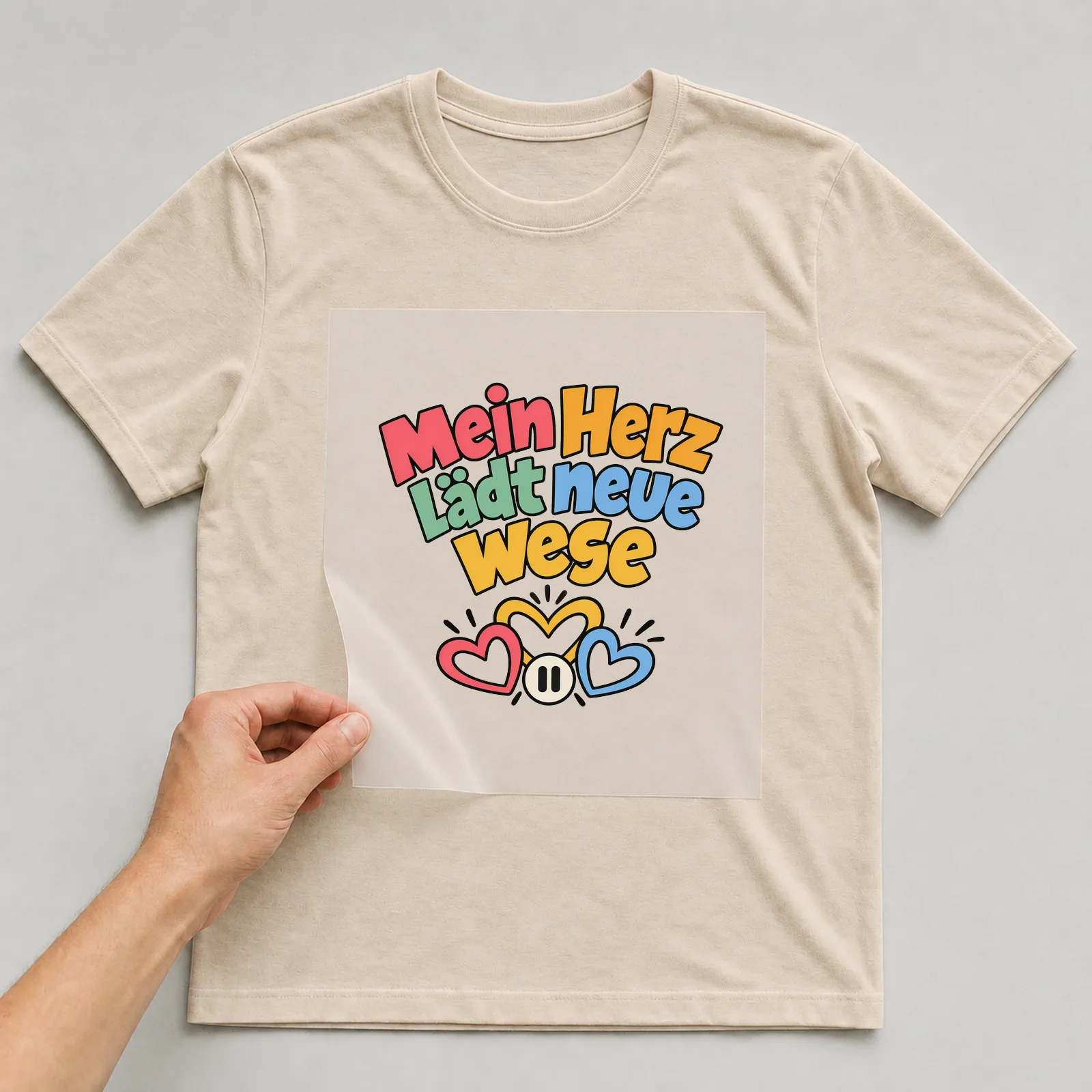 Bügelbild „Mein Herz lädt neue Wege“ auf beigem T-Shirt, Folie wird aufgelegt