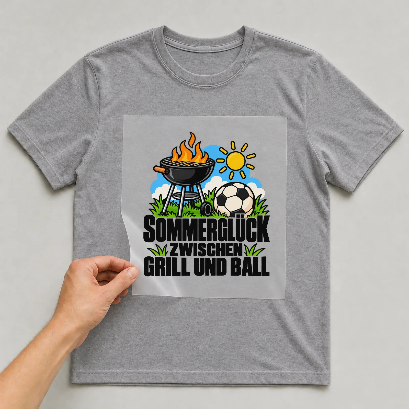 Bügelbild „Sommerglück zwischen Grill und Ball“ auf grauem T-Shirt, Folie wird aufgelegt