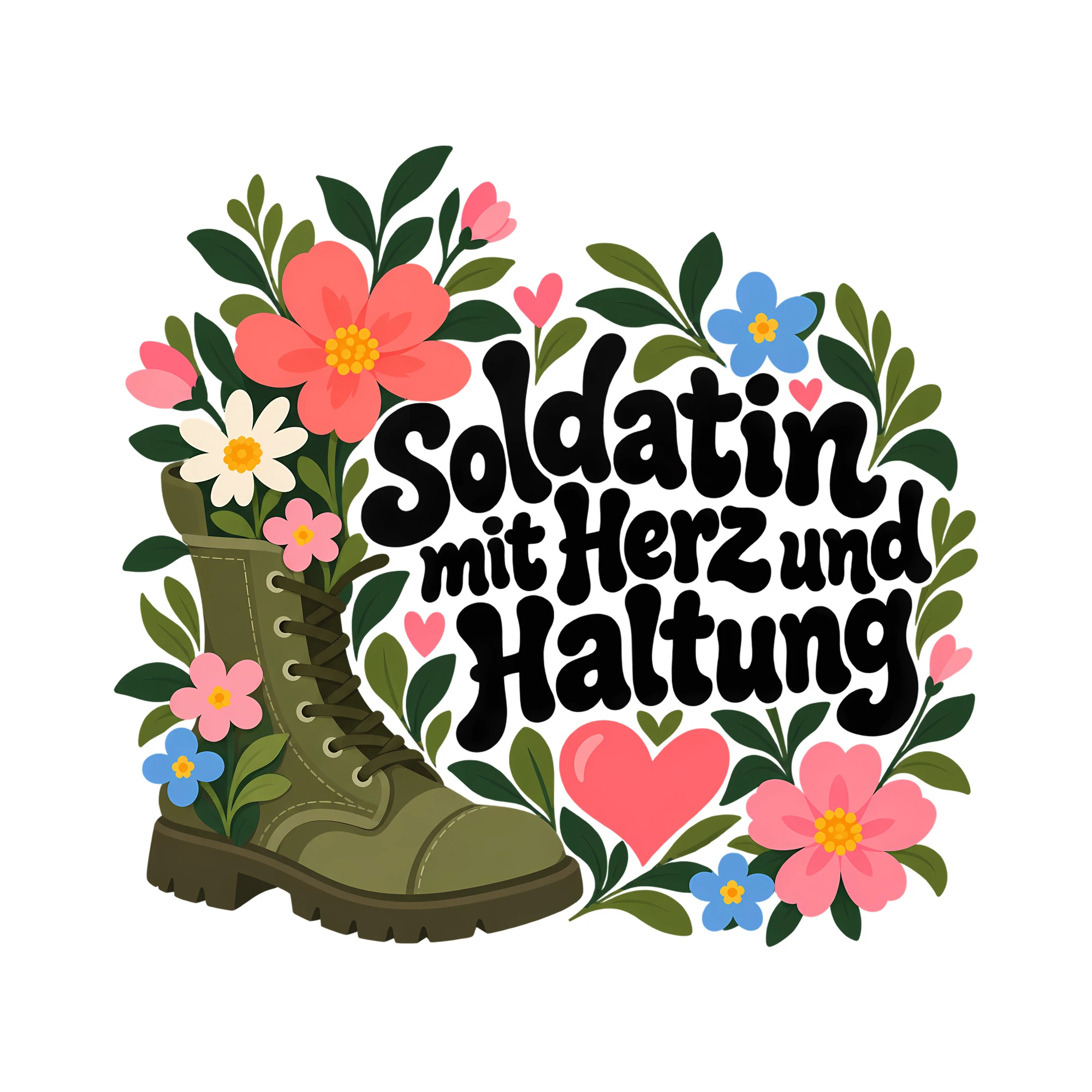 Bügelbild Soldatin mit Herz und Haltung als Grafik auf weißem Hintergrund (BB013603)