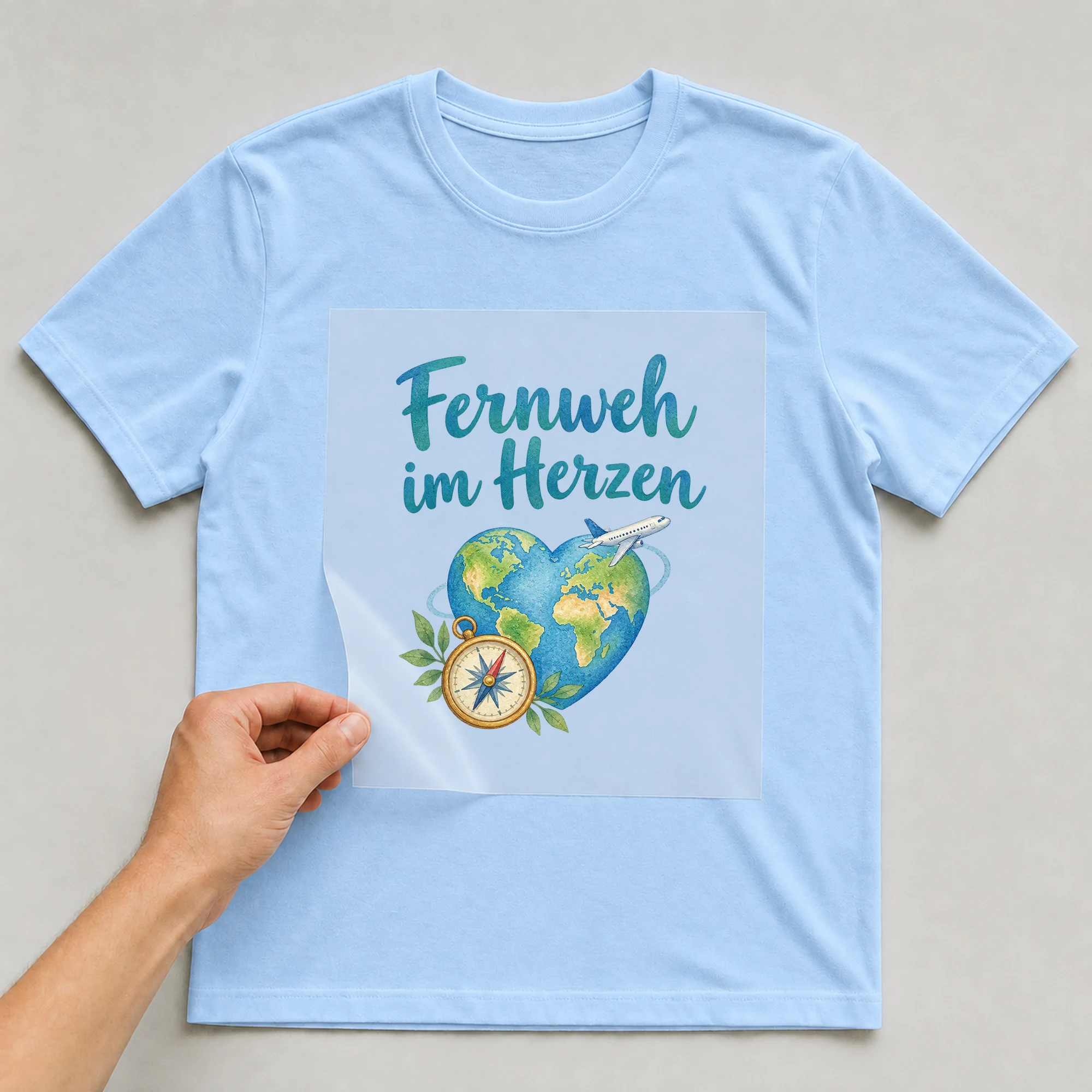 Bügelbild „Fernweh im Herzen“ auf babyblauem T-Shirt, Folie wird aufgelegt