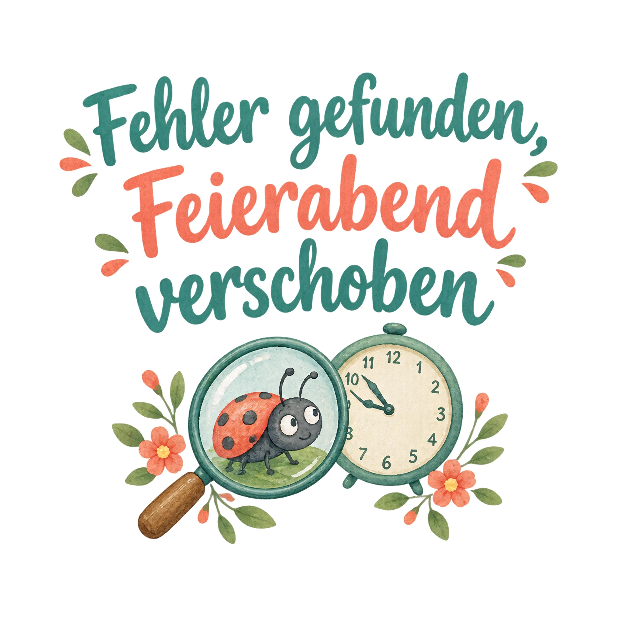 Bügelbild Fehler gefunden, Feierabend verschoben als Grafik auf weißem Hintergrund (BB020357)