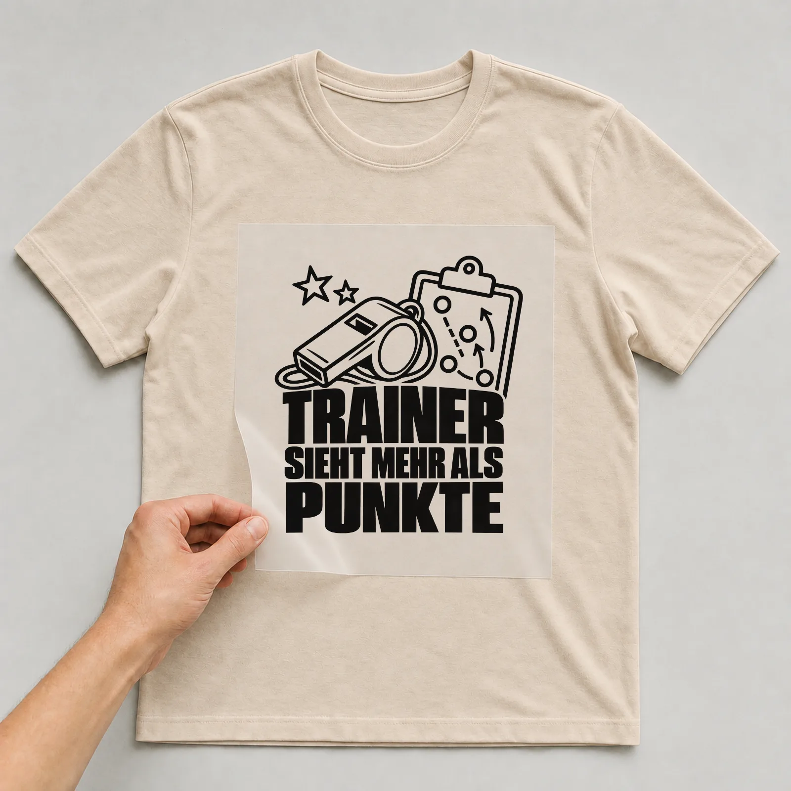 Bügelbild „Trainer sieht mehr als punkte“ auf beigem T-Shirt, Folie wird aufgelegt