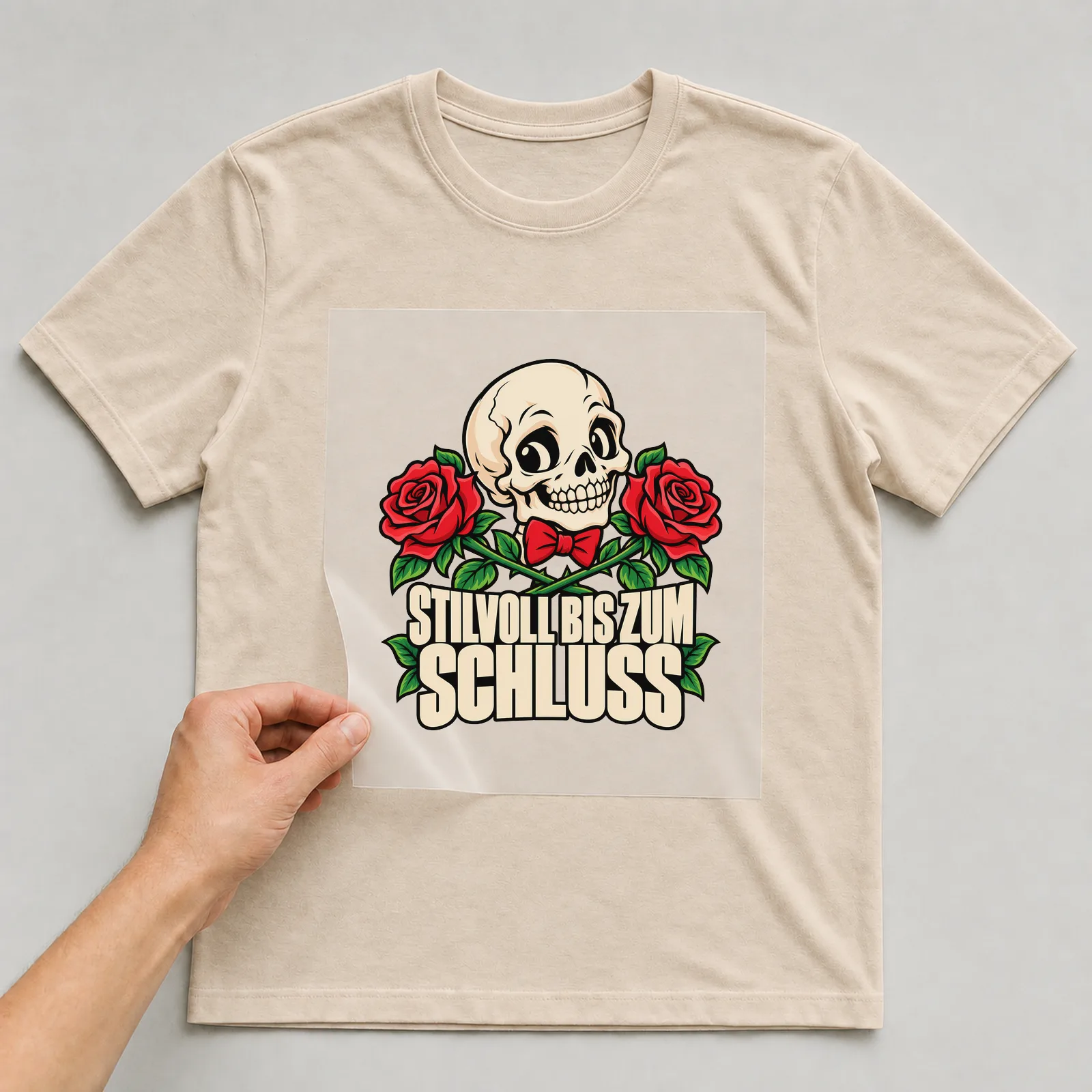 Bügelbild „Stilvoll bis zum Schluss“ auf beigem T-Shirt, Folie wird aufgelegt