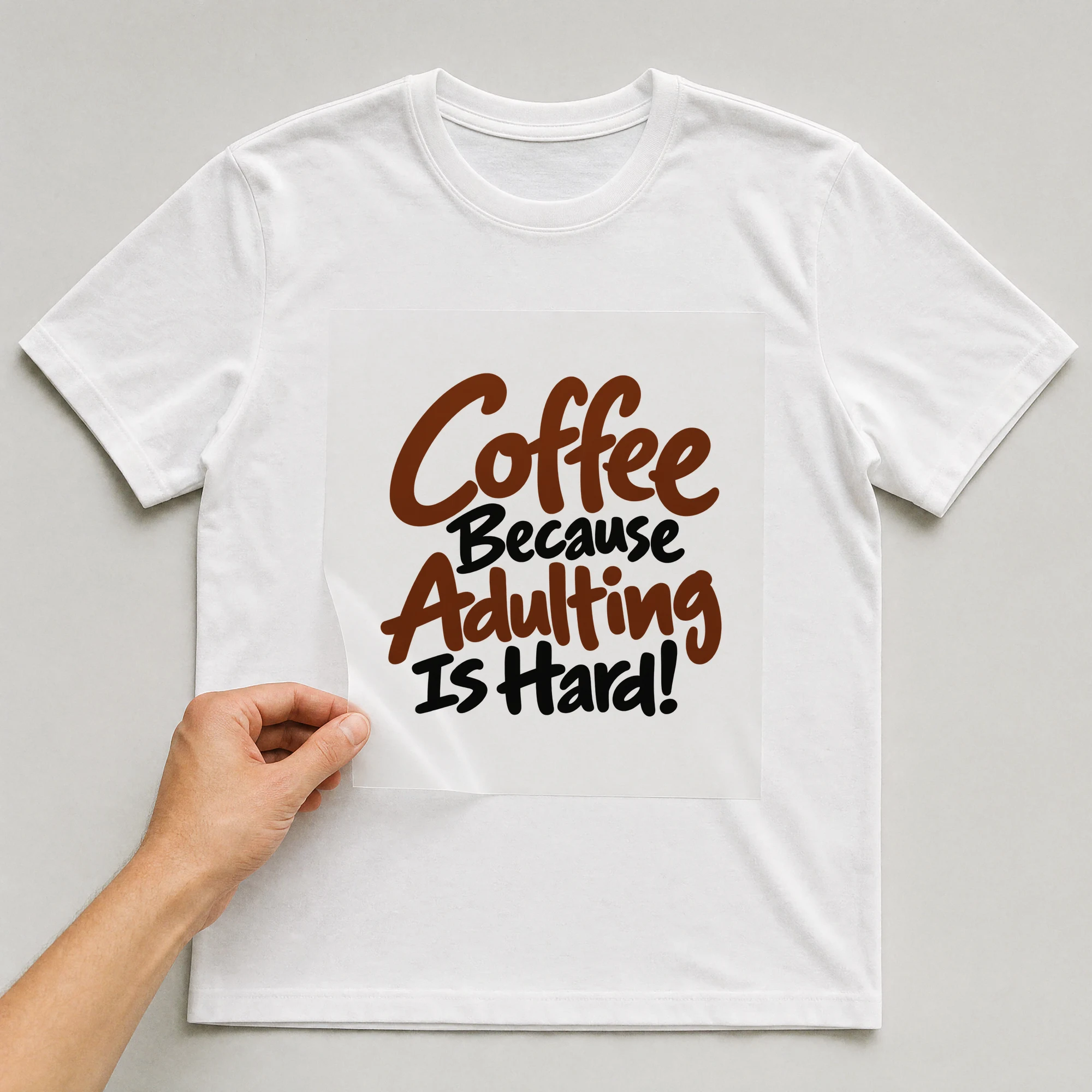Bügelbild „Coffee Because Adulting Is Hard!“ auf weißem T-Shirt, Folie wird aufgelegt