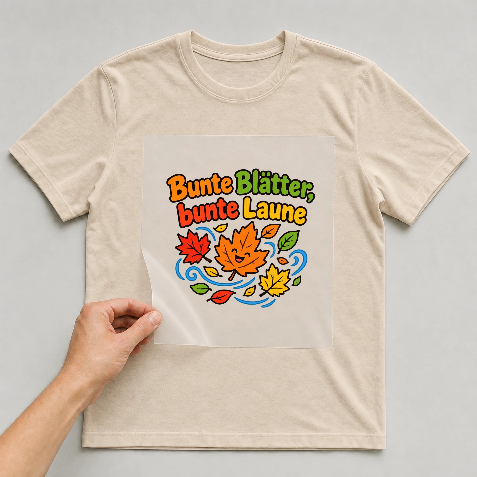 Bügelbild „Bunte Blätter, bunte Laune“ auf beigem T-Shirt, Folie wird aufgelegt