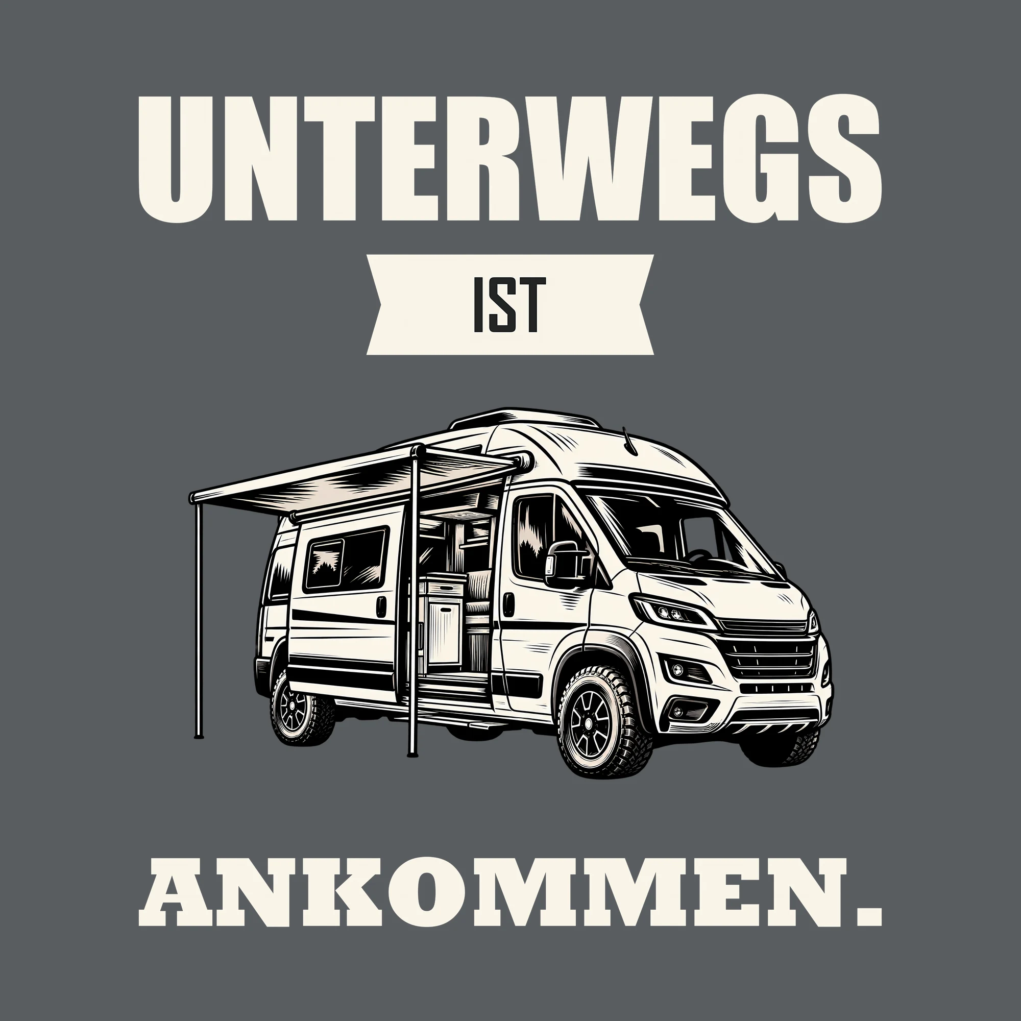 Bügelbild UNTERWEGS IST ANKOMMEN. als Grafik auf dunklem Hintergrund (BB012708)
