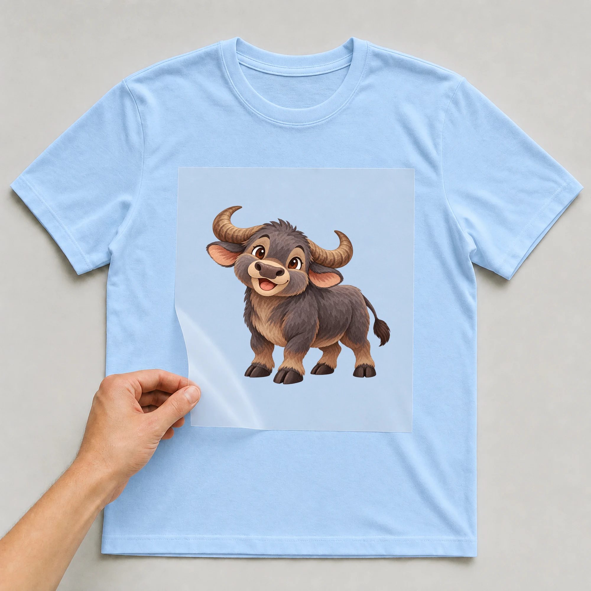 Bügelbild „Chinesisches Zeichen Jahr Des Büffels“ auf babyblauem T-Shirt, Folie wird aufgelegt