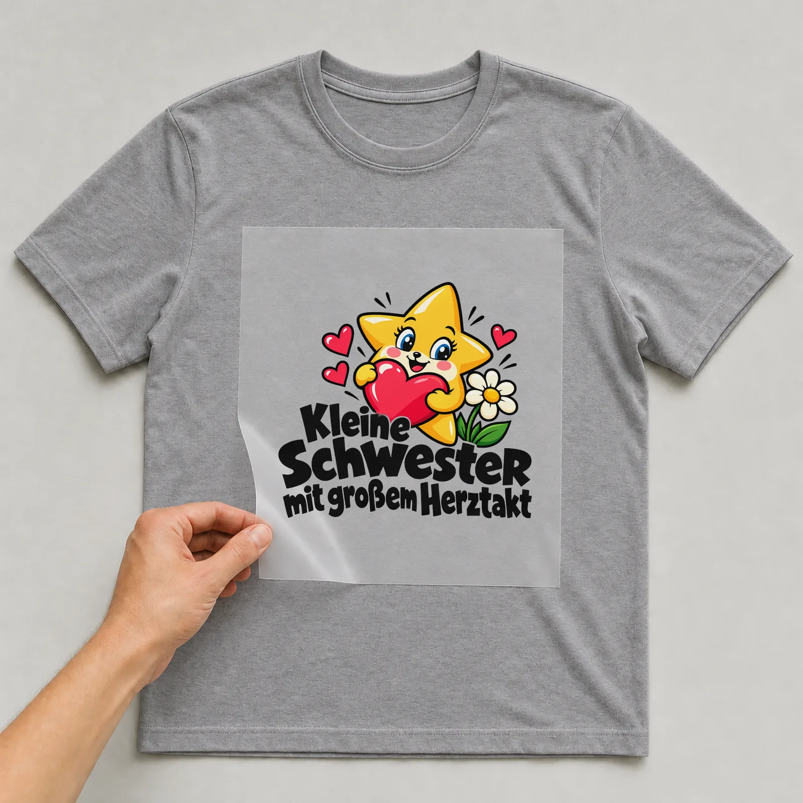 Bügelbild „Kleine Schwester mit großem Herztakt“ auf grauem T-Shirt, Folie wird aufgelegt