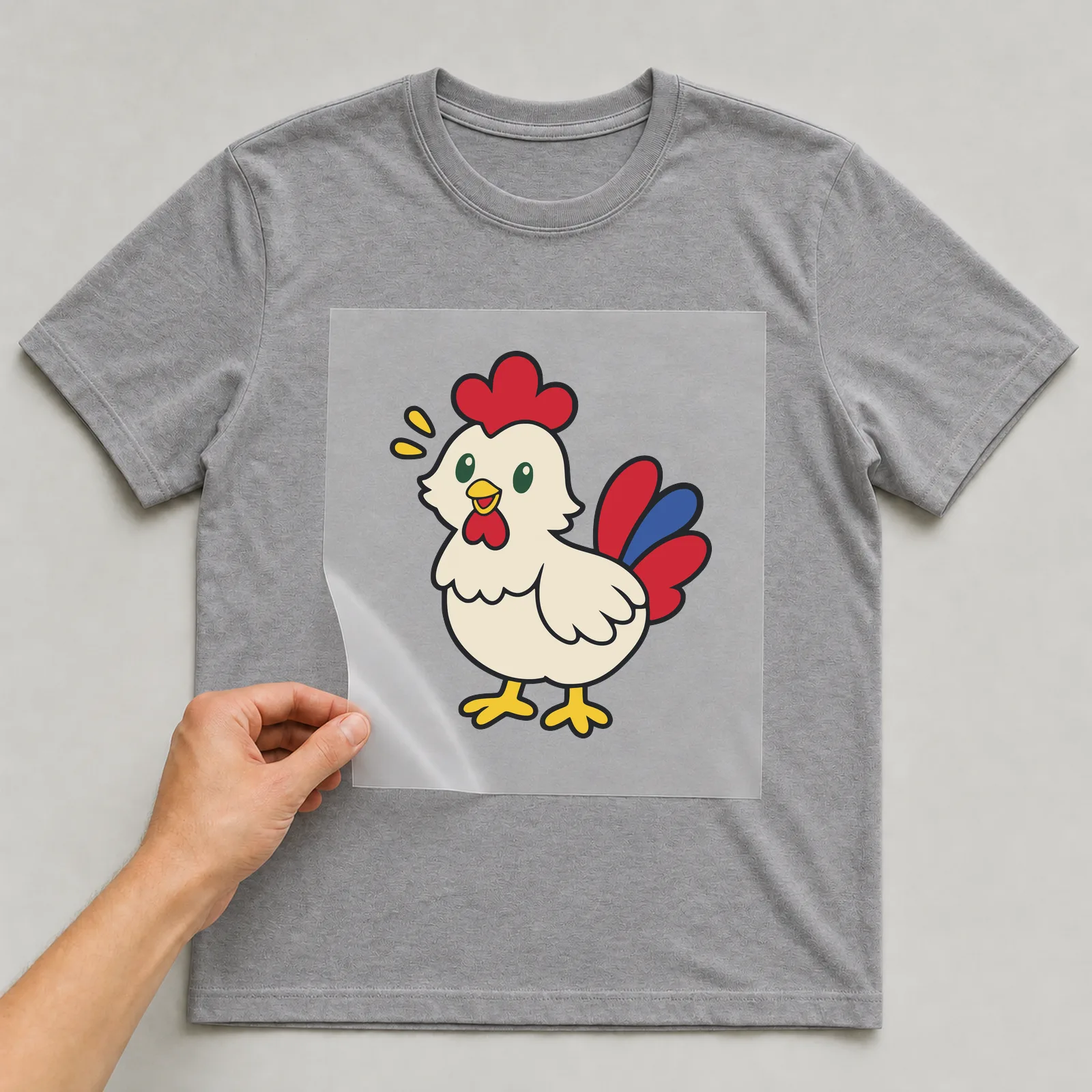 Bügelbild Huhn im Comic-Stil auf grauem T-Shirt, Folie wird aufgelegt