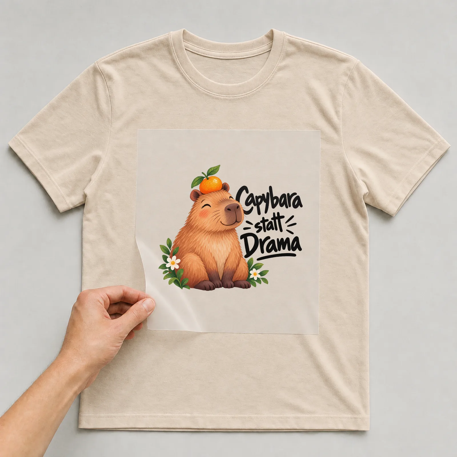 Bügelbild „Capybara statt Drama“ auf beigem T-Shirt, Folie wird aufgelegt