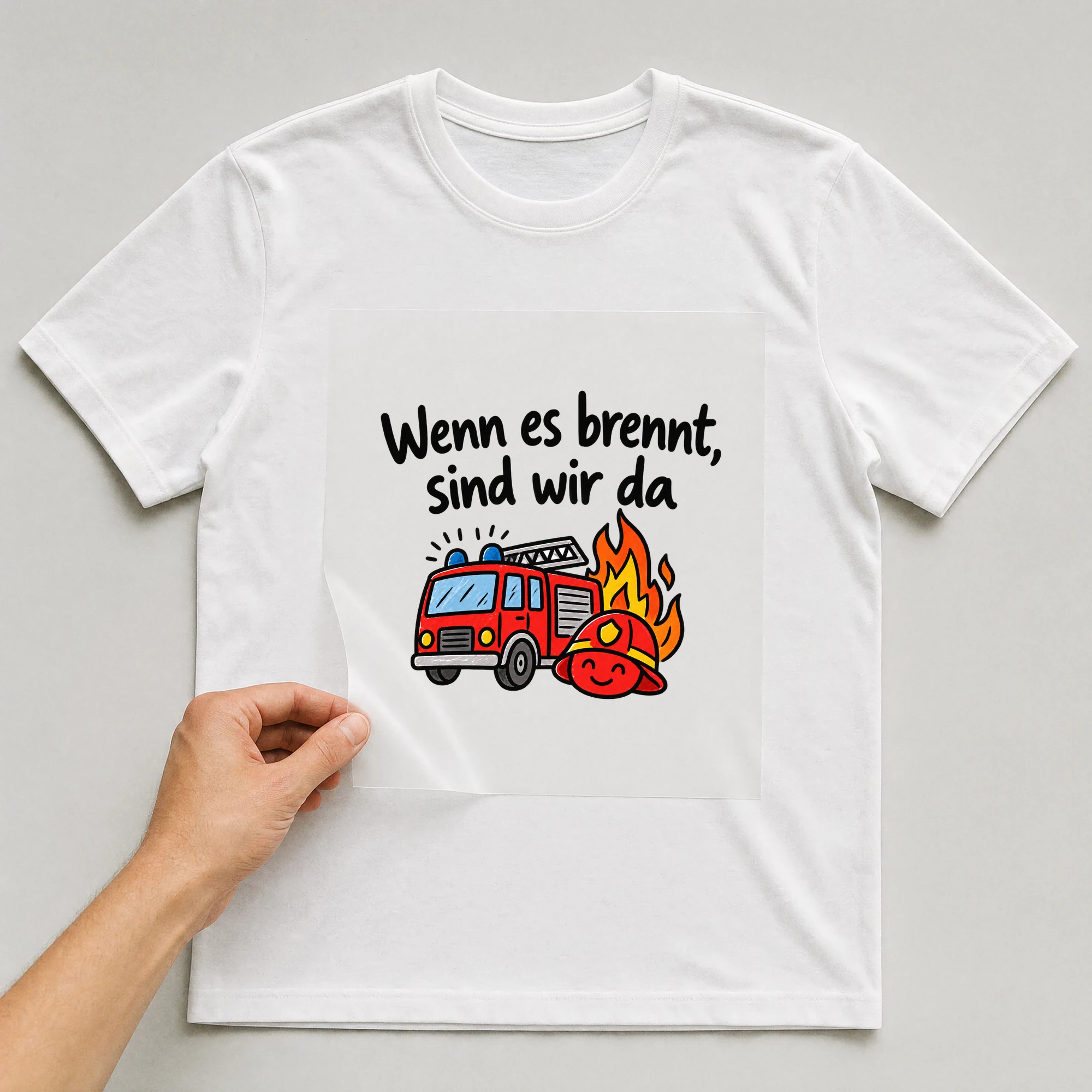 Bügelbild „Wenn es brennt, sind wir da“ auf weißem T-Shirt, Folie wird aufgelegt