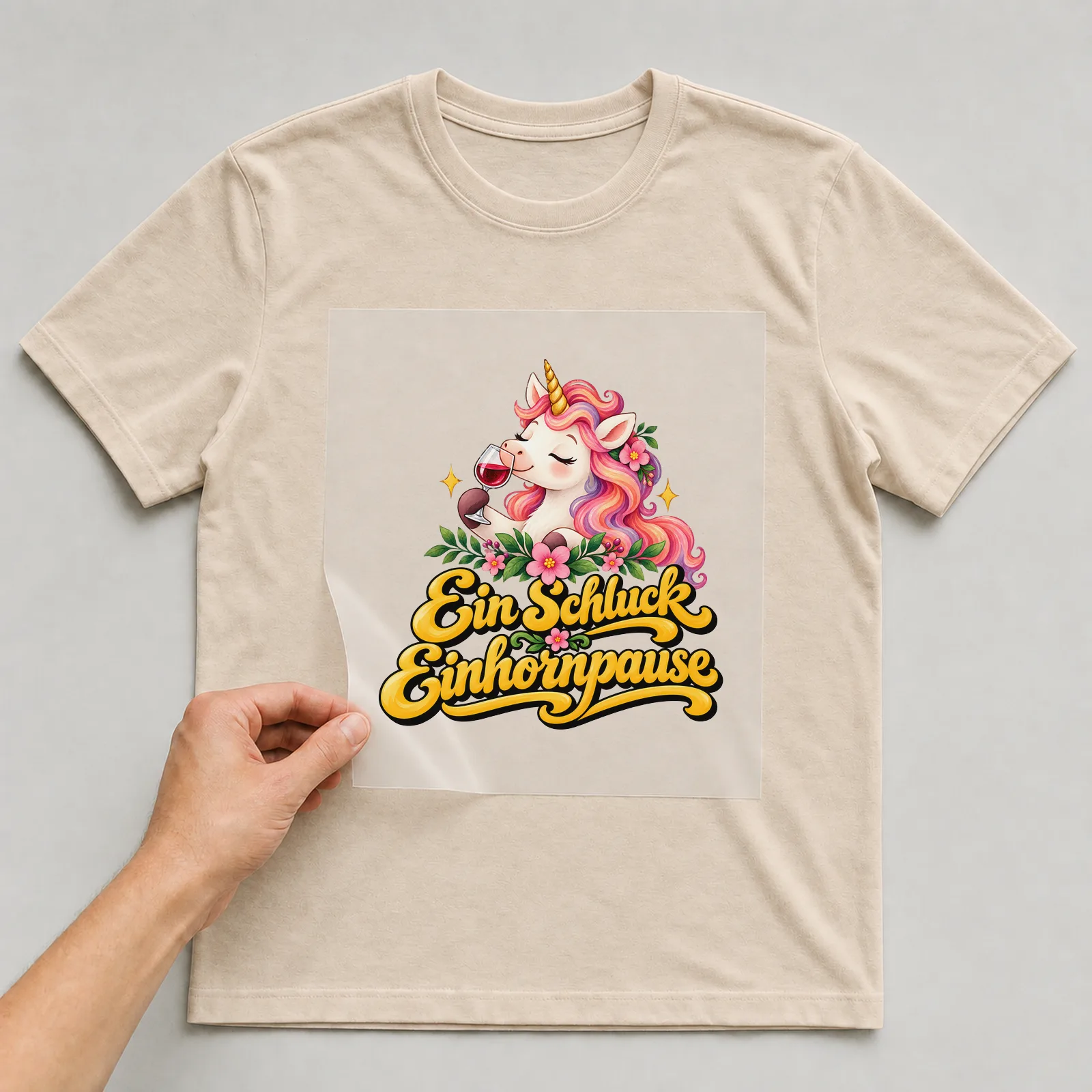 Bügelbild „Ein Schluck Einhornpause“ auf beigem T-Shirt, Folie wird aufgelegt