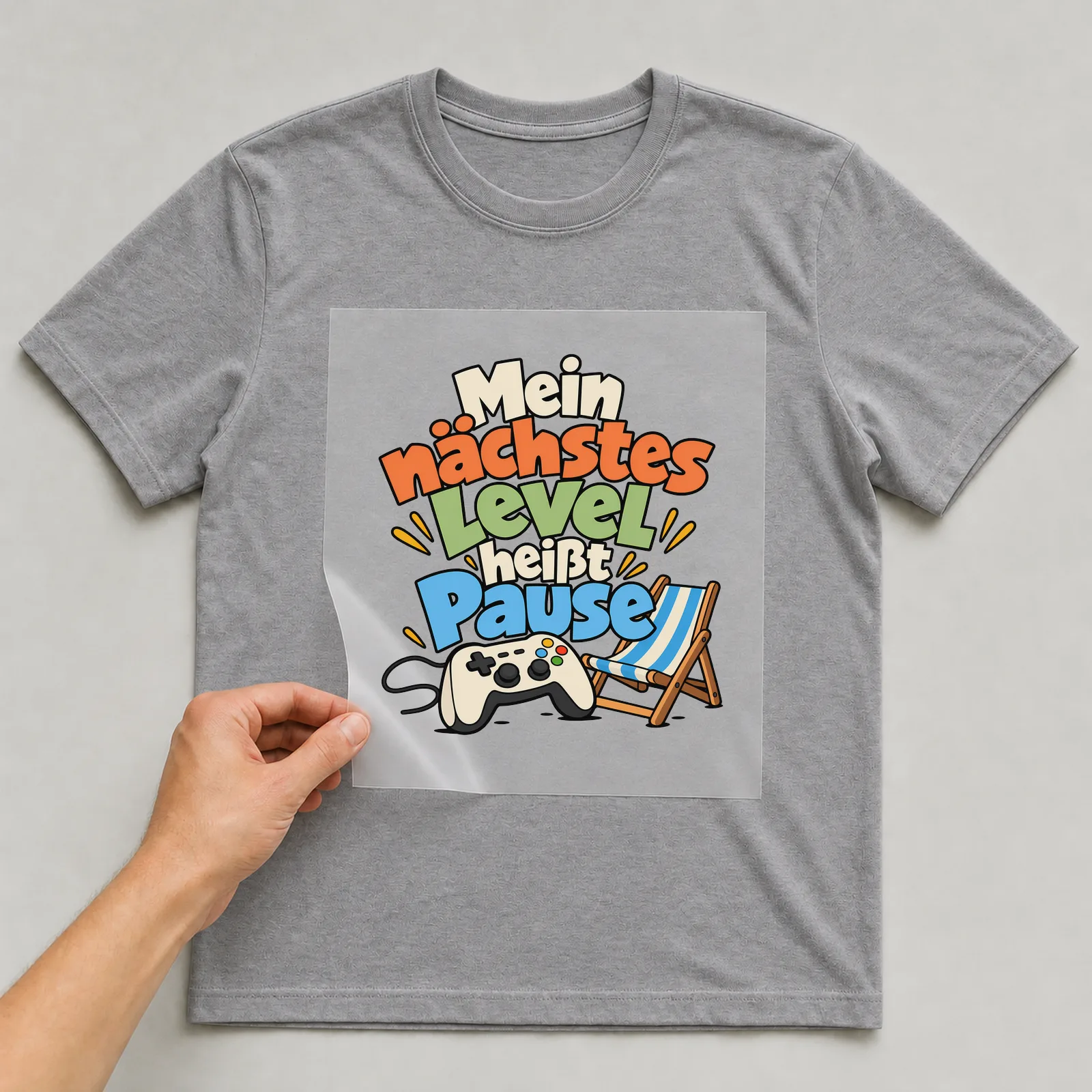 Bügelbild „Mein nächstes Level heißt Pause“ auf grauem T-Shirt, Folie wird aufgelegt