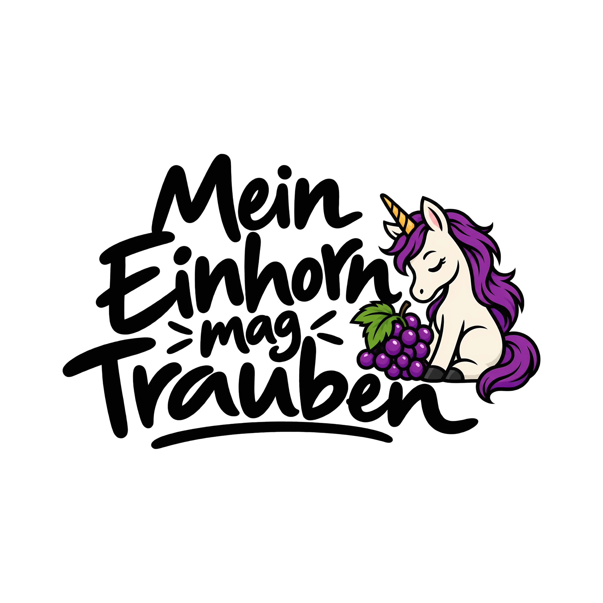 Bügelbild Mein Einhorn mag Trauben als Grafik auf weißem Hintergrund (BB012019)