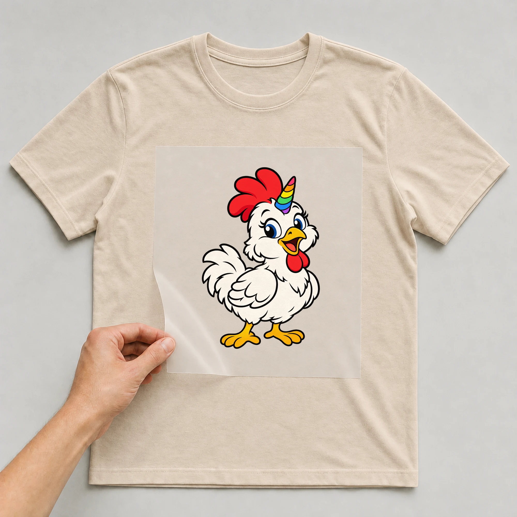 Bügelbild „Das Letzte Einhuhn“ auf babyblauem T-Shirt, Folie wird aufgelegt