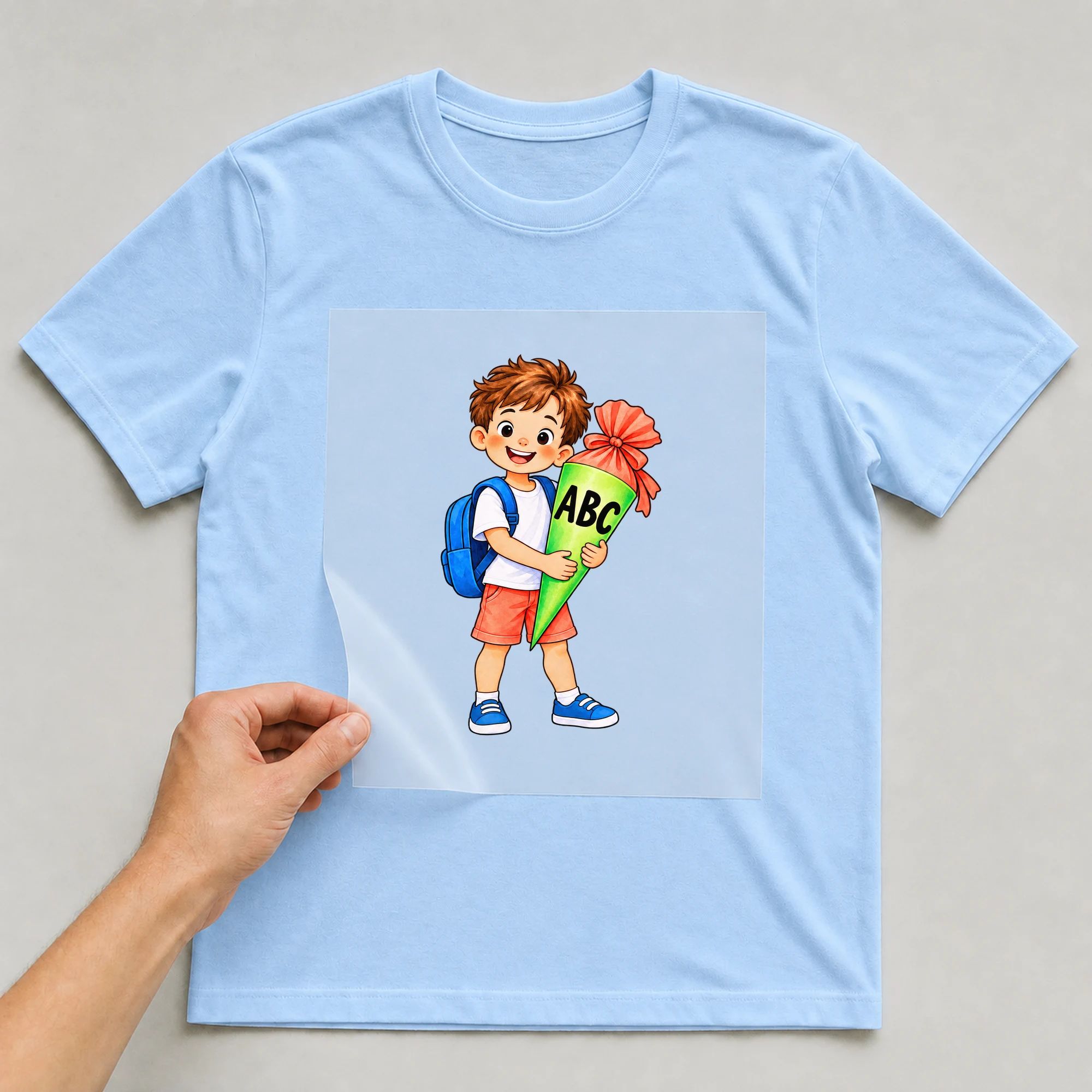 Bügelbild „ABC“ auf babyblauem T-Shirt, Folie wird aufgelegt