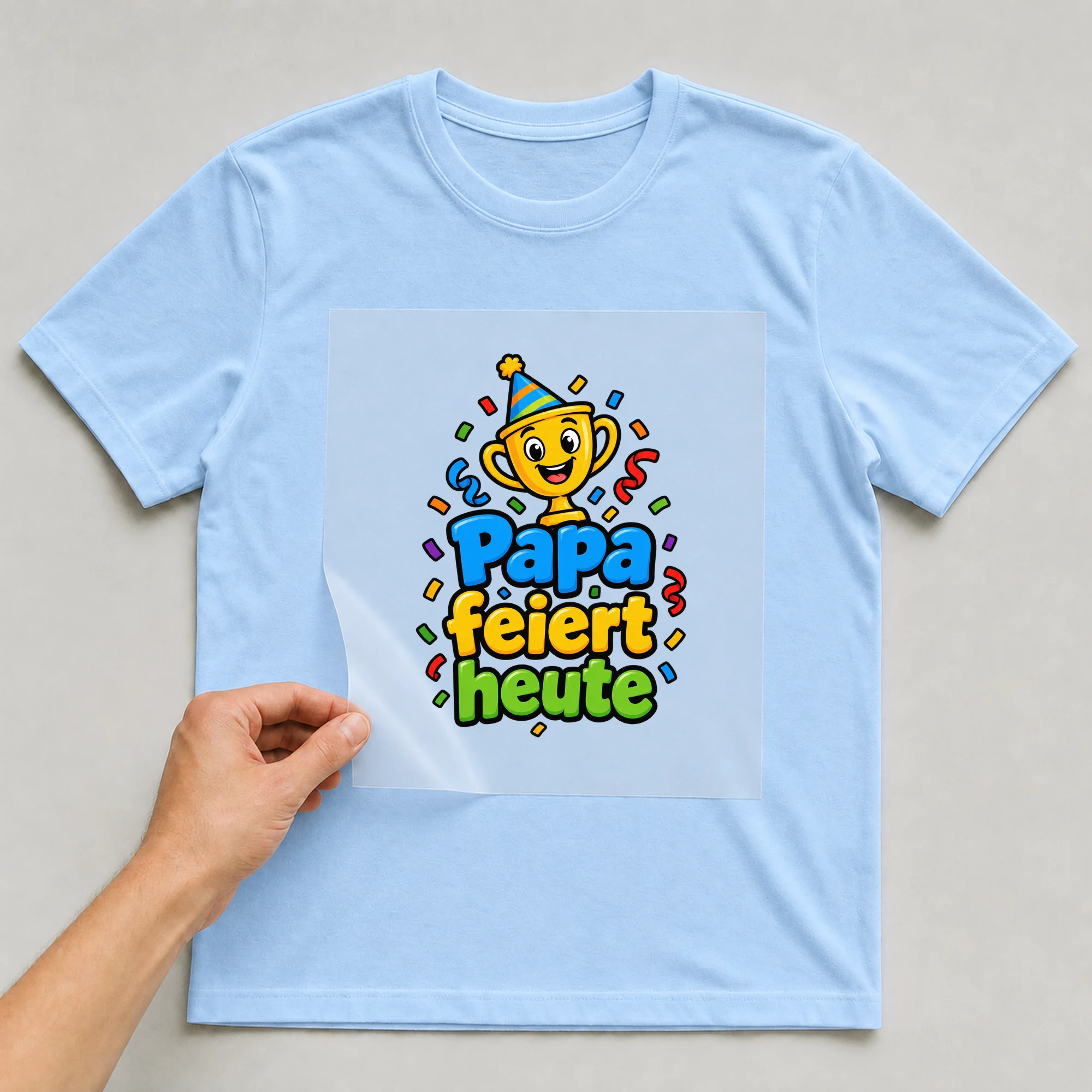 Bügelbild „Papa feiert heute“ auf babyblauem T-Shirt, Folie wird aufgelegt