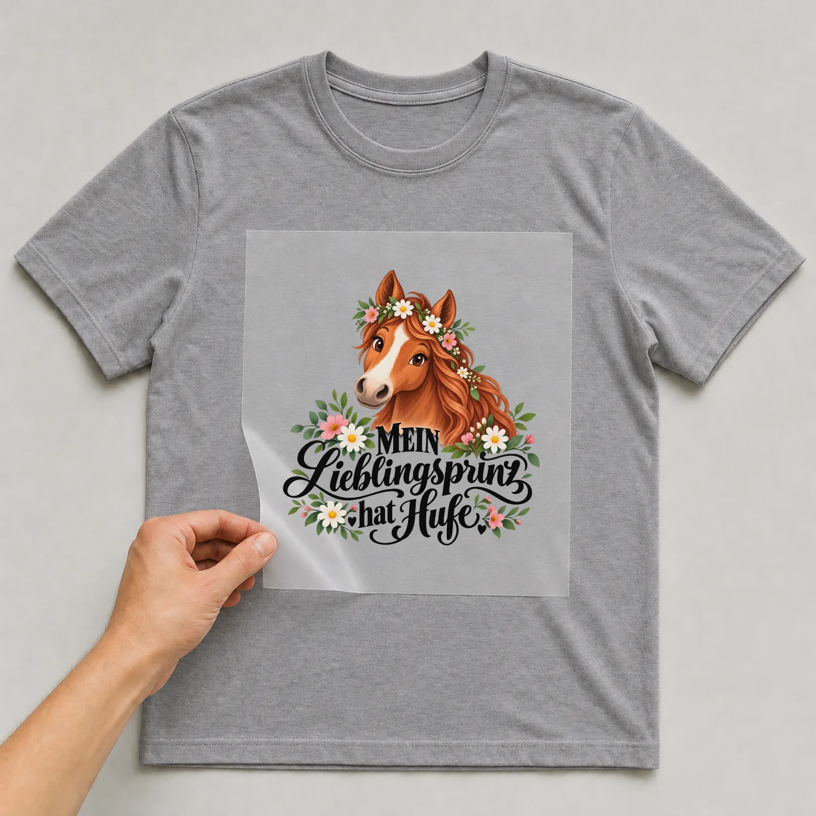Bügelbild „MEIN Lieblingsprinz hat Hufe“ auf grauem T-Shirt, Folie wird aufgelegt