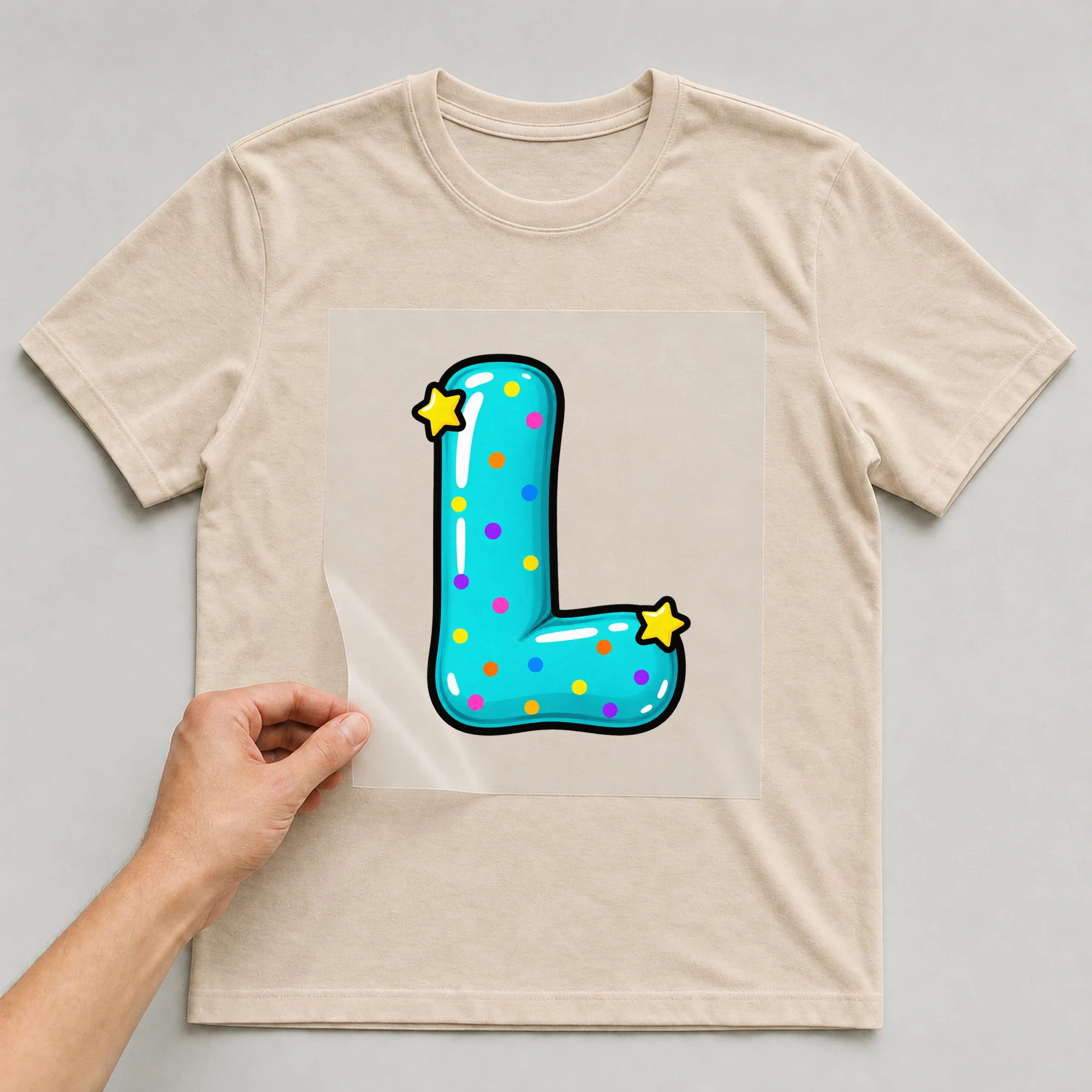 Bügelbild „Buchstabe L im Comic-Ballon-Stil“ auf beigem T-Shirt, Folie wird aufgelegt