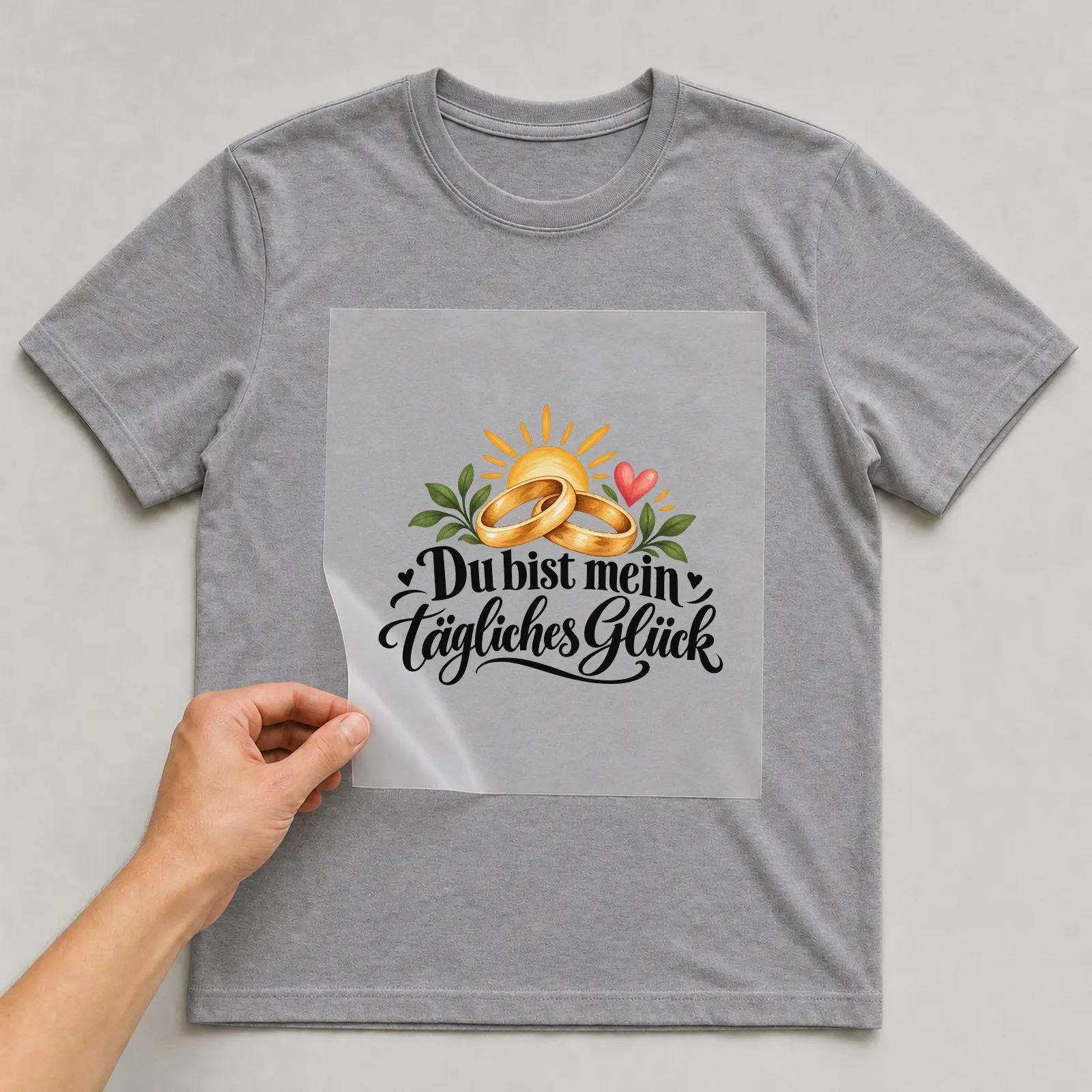 Bügelbild „Du bist mein tägliches Glück“ auf grauem T-Shirt, Folie wird aufgelegt