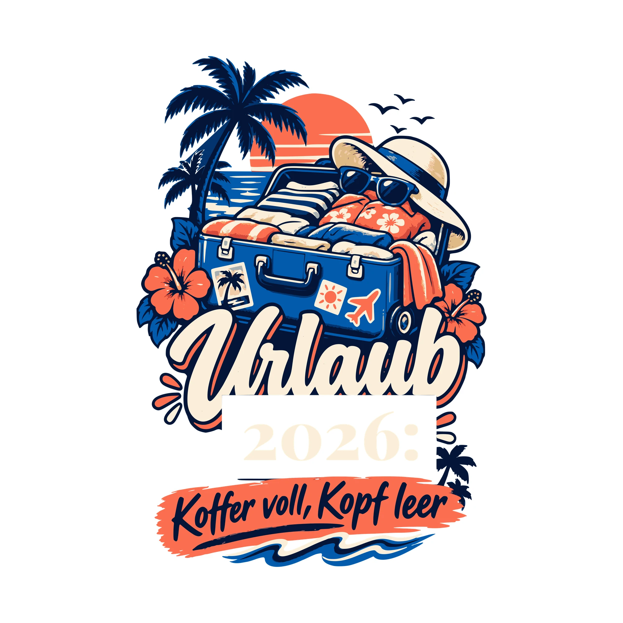 Bügelbild Urlaub: Koffer voll, Kopf leer mit Jahr als Grafik auf weißem Hintergrund (BB011126)