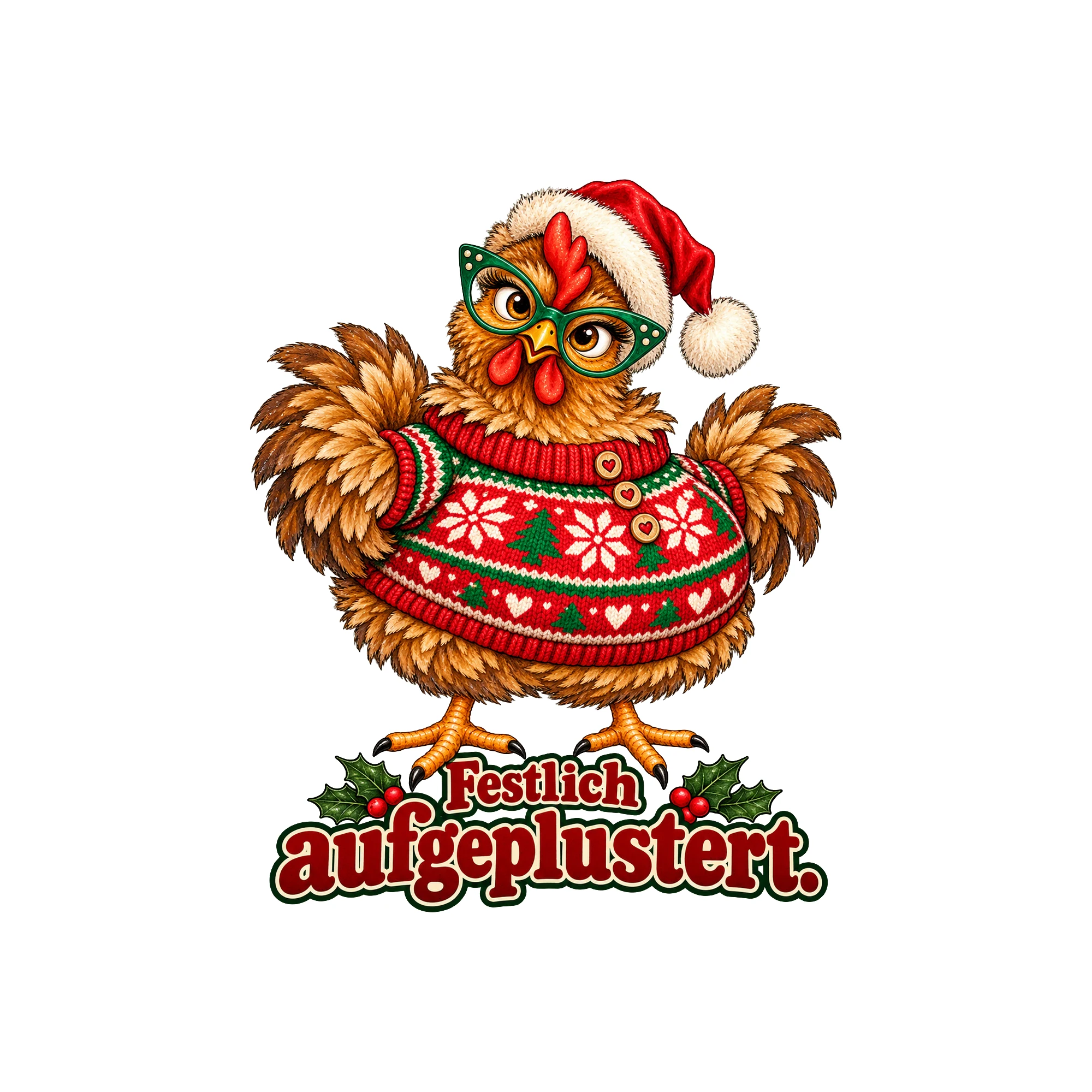 Bügelbild huhn festlich aufgeplustert als Grafik auf weißem Hintergrund (BB011380)
