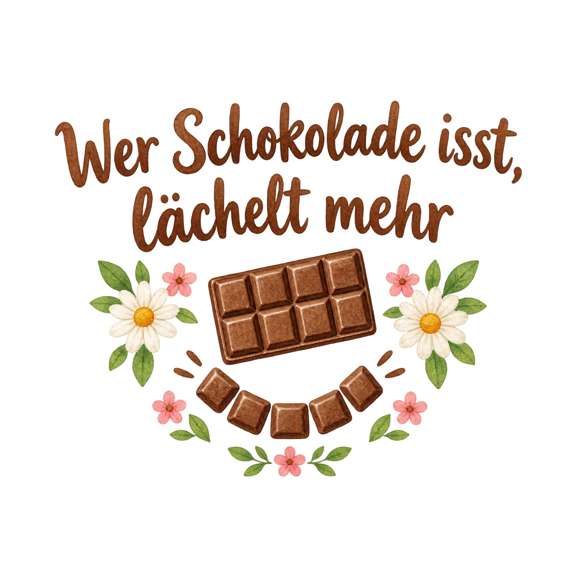 Bügelbild Wer Schokolade isst, lächelt mehr als Grafik auf weißem Hintergrund (BB019647)